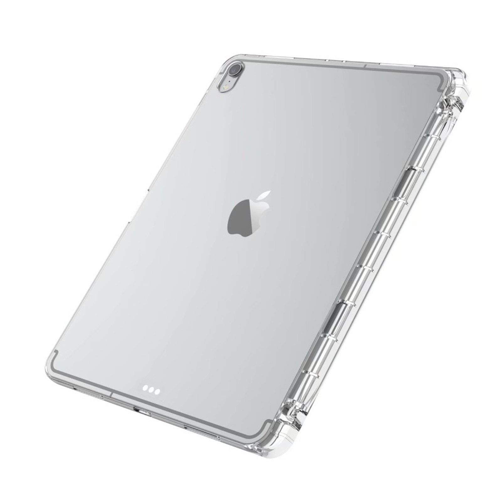 Ein Apple iPad in einer transparenten Kunststoffhülle. Das Apple-Logo ist sichtbar. Die Hülle hat einen Schutzrand.