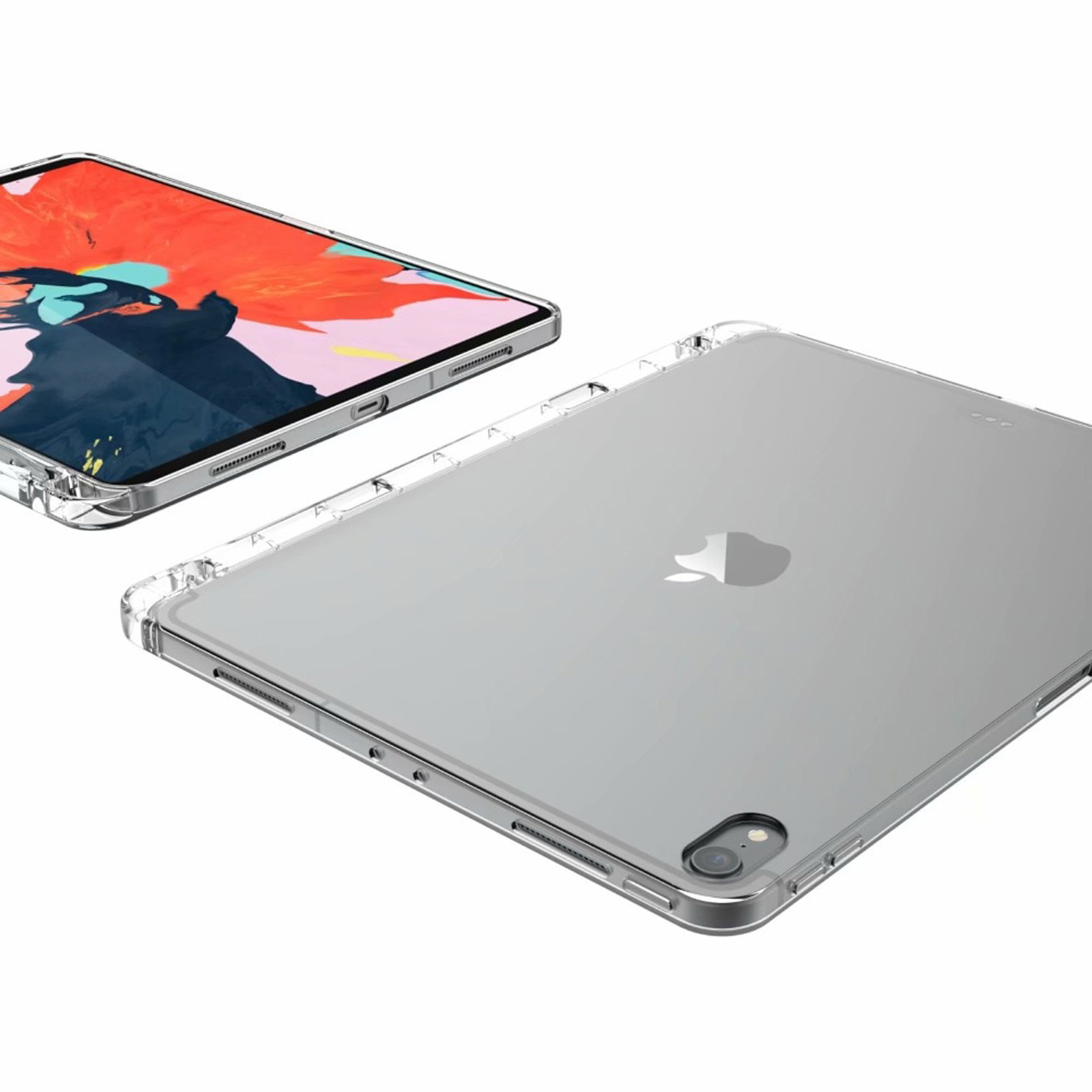 Zwei iPads in transparenten Hüllen. Eines zeigt bunte Kunst, das andere das Apple-Logo.