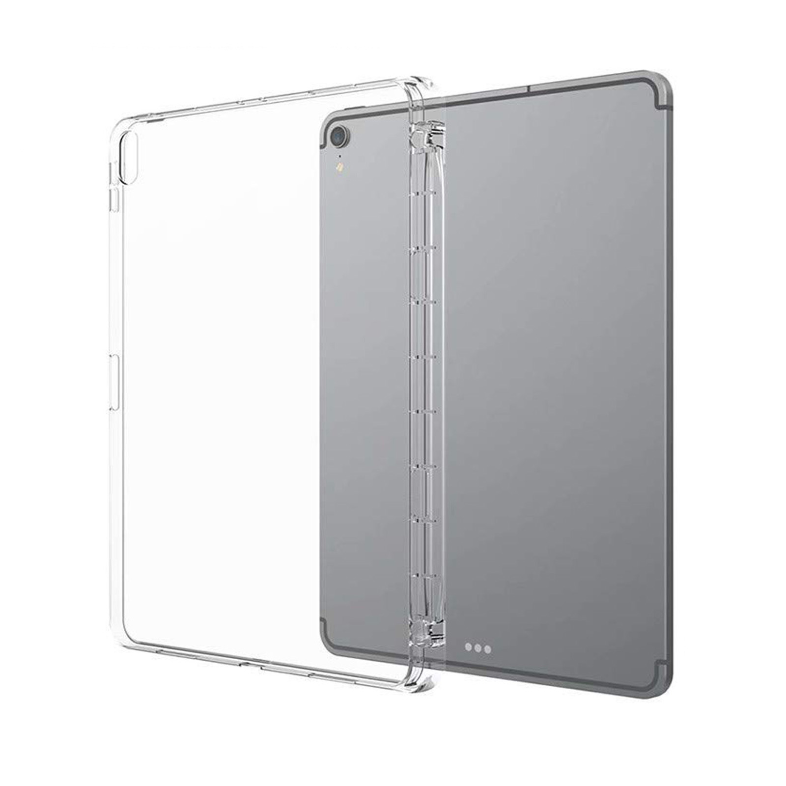 Eine transparente Schutzhülle neben einem grauen Tablet, das sowohl die Vorder- als auch die Rückseite zeigt.