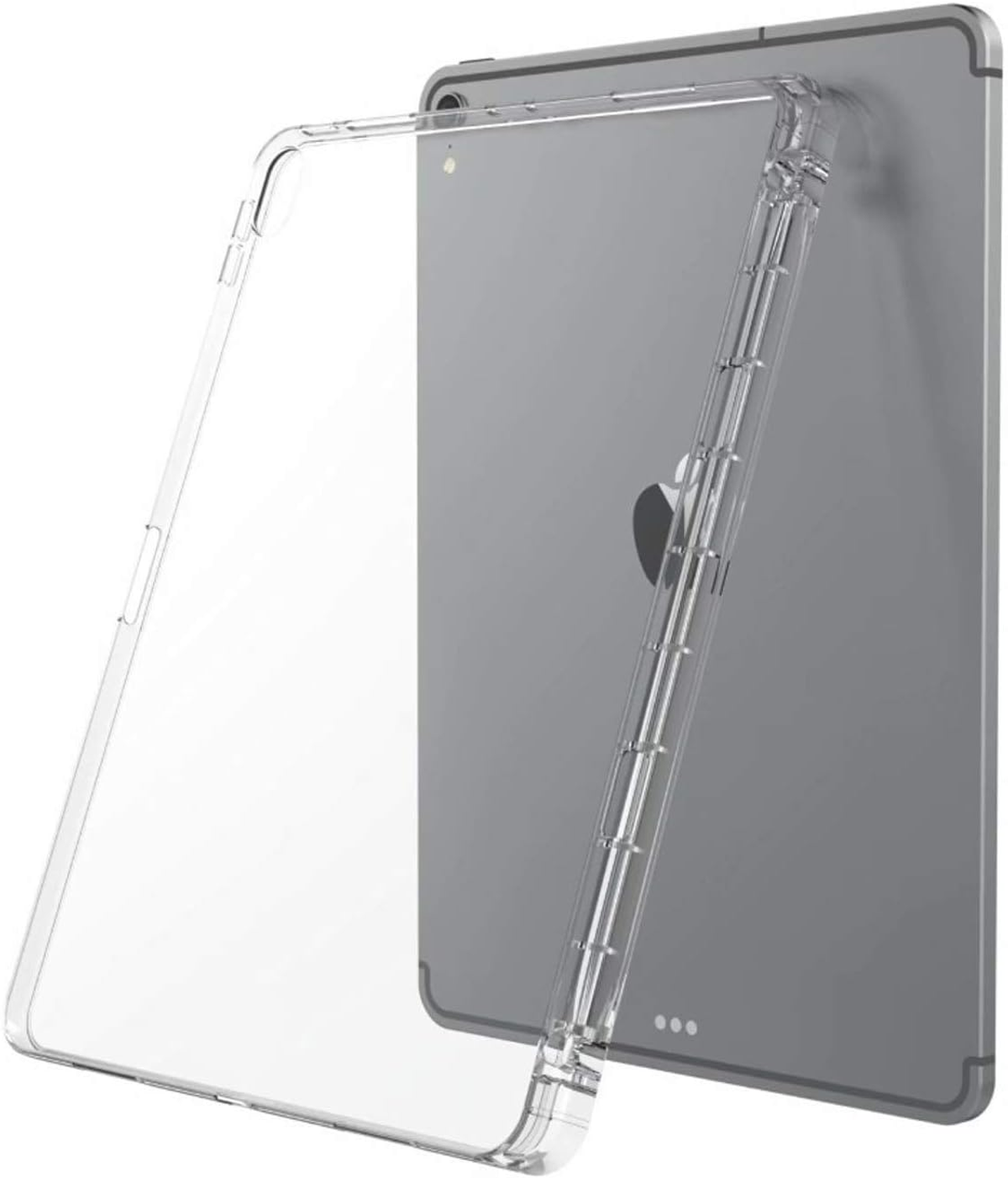 Eine transparente Schutzhülle bedeckt teilweise ein graues Tablet. Das Apple-Logo ist sichtbar. Die Hülle ist durchsichtig und abgewinkelt.