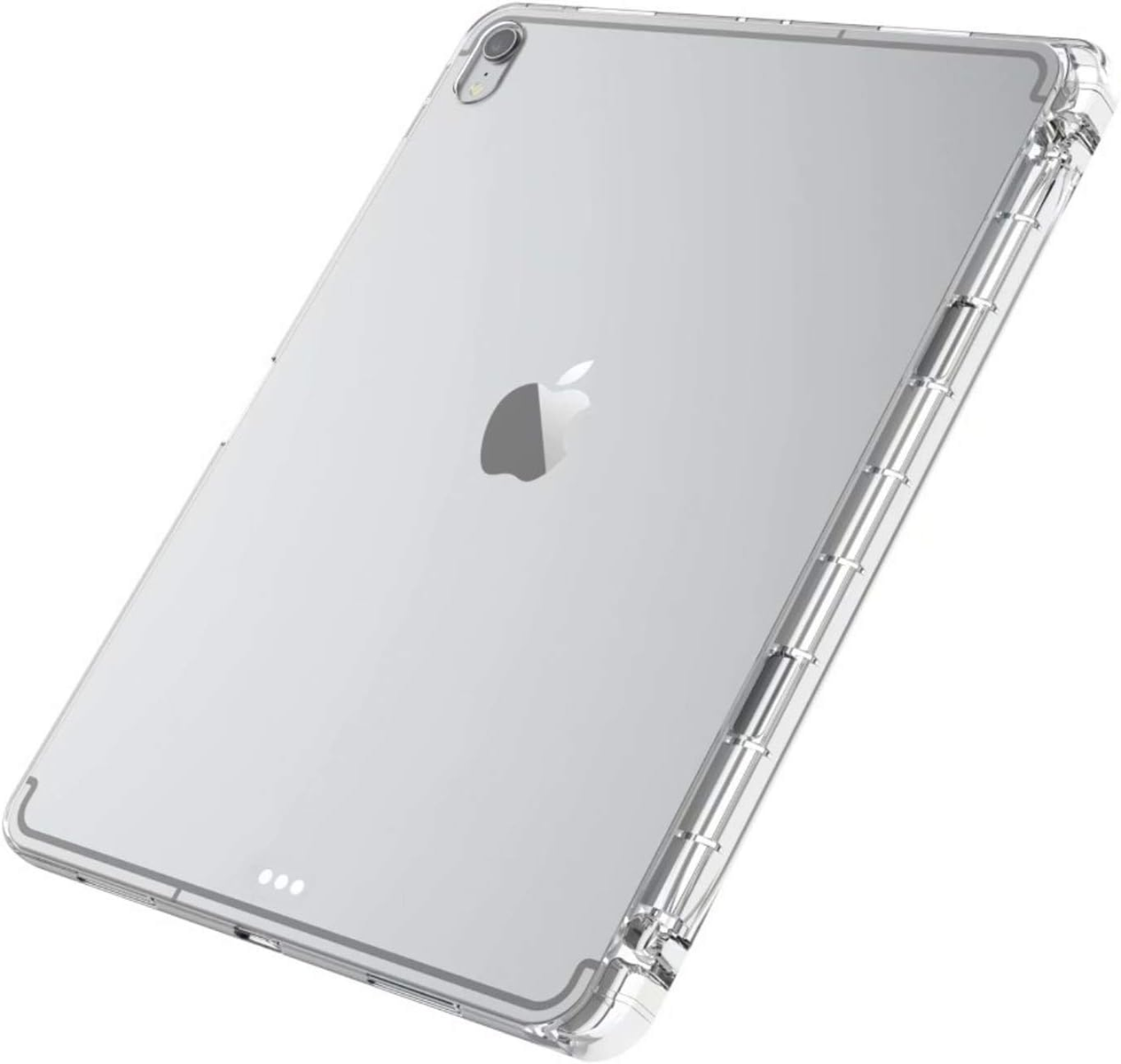 Transparente iPad-Hülle mit Apple-Logo. Die Hülle bedeckt die Rückseite und Seiten des iPads. Kamera und drei Punkte sind sichtbar.