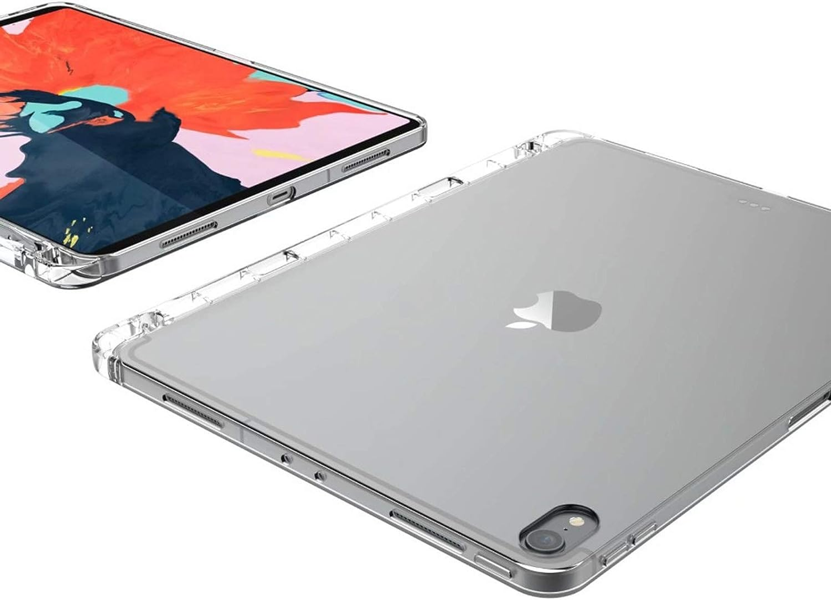 Zwei transparente iPad-Hüllen, eine offen. iPads haben lebendige Kunstwerke. Apple-Logo auf der Rückseite des unteren iPads sichtbar. Weißer Hintergrund.