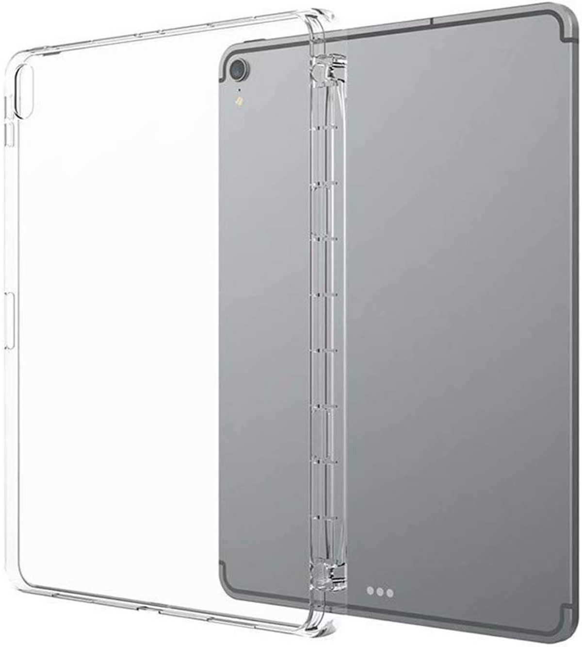 Eine transparente Kunststoffhülle bedeckt teilweise ein graues Tablet. Die Hülle ist offen und gibt die Rückseite frei.