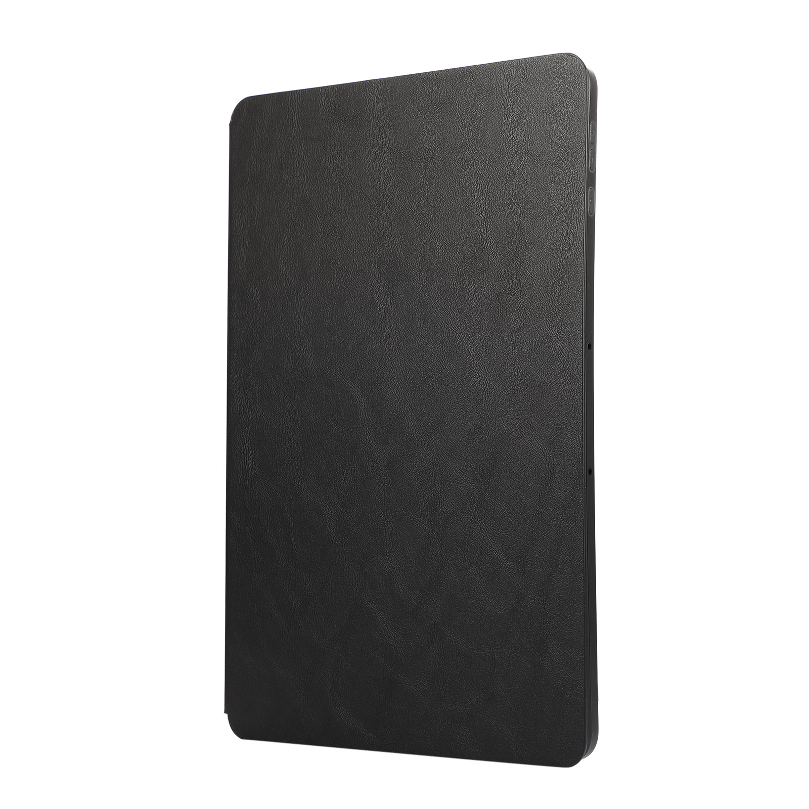 Gezeigt wird eine schwarze Tablet-Hülle mit strukturierter Oberfläche. Der Hintergrund ist weiß, die Hülle leicht angewinkelt.