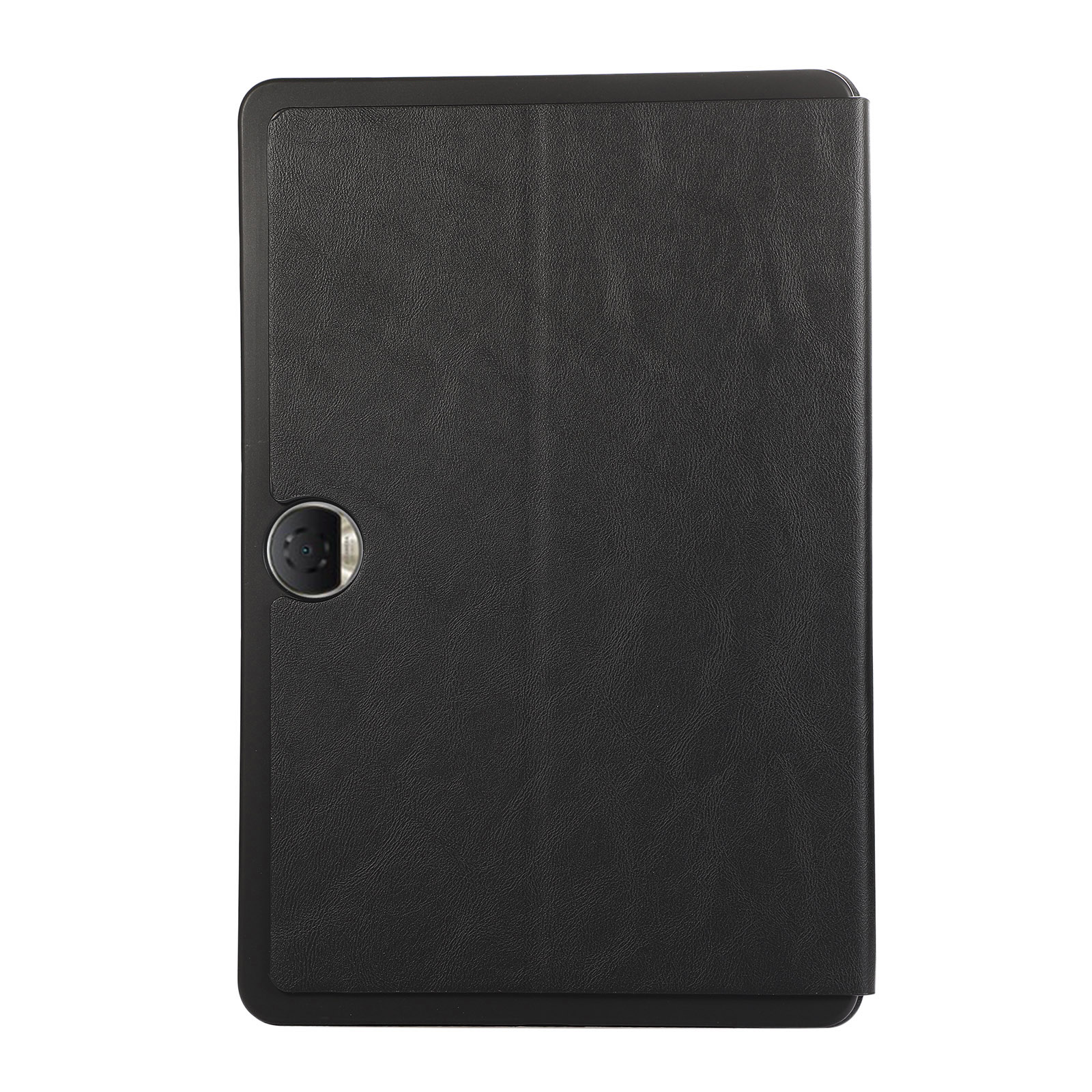 Eine schwarze Tablet-Hülle mit Kameraausschnitt. Die Hülle ist geschlossen. Der Hintergrund ist weiß.