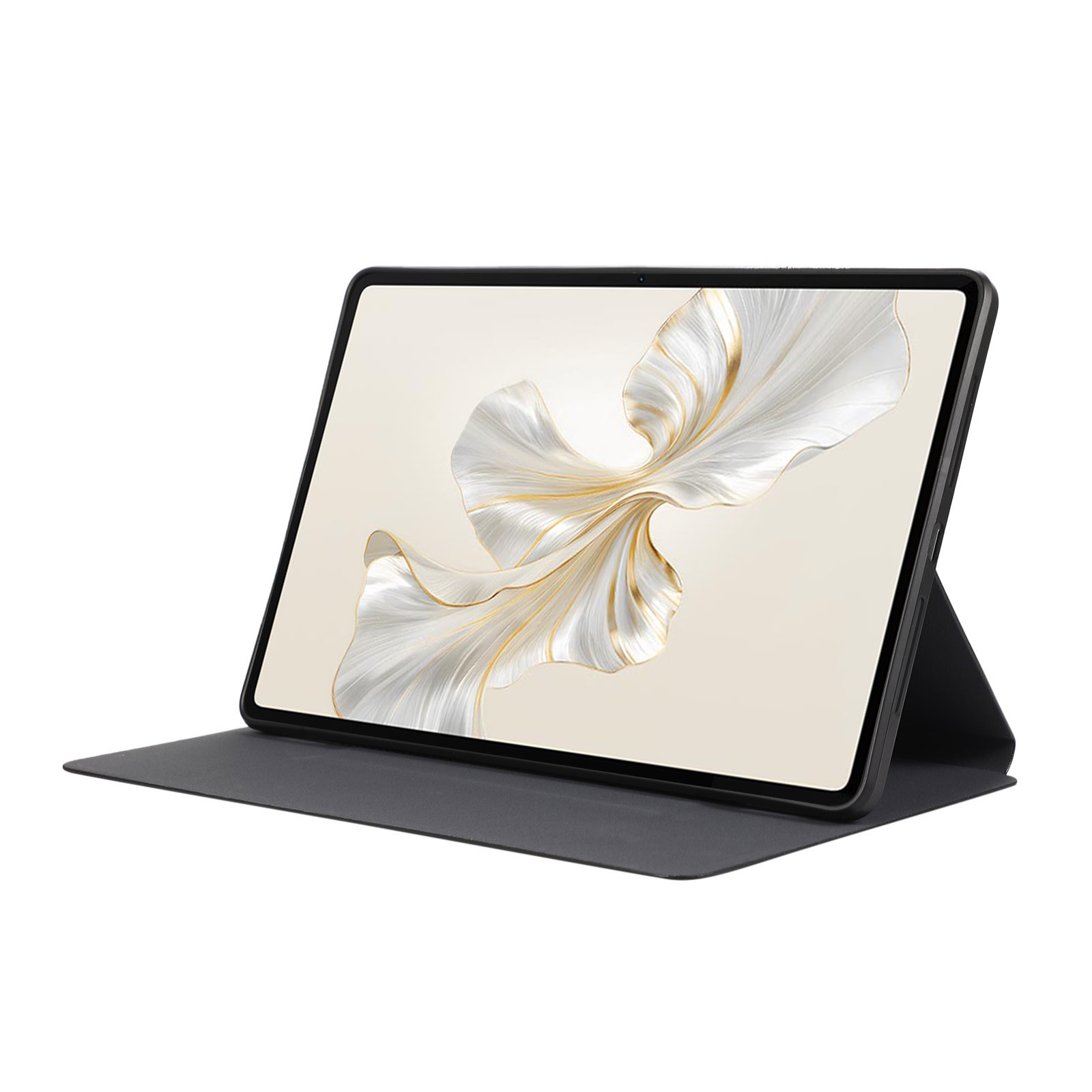 Tablet auf einem Ständer, Display zeigt ein abstraktes weißes und goldenes Design. Das Tablet ist auf einer schwarzen Hülle.
