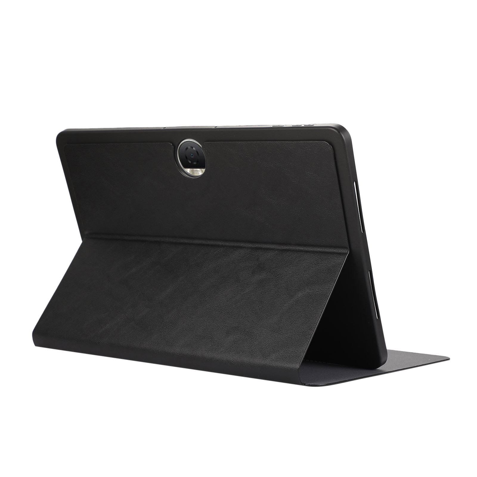 Ein schwarzes Tablet mit Hülle, aufrecht stehend. Die Hülle ist geöffnet und dient als Ständer. Weißer Hintergrund.