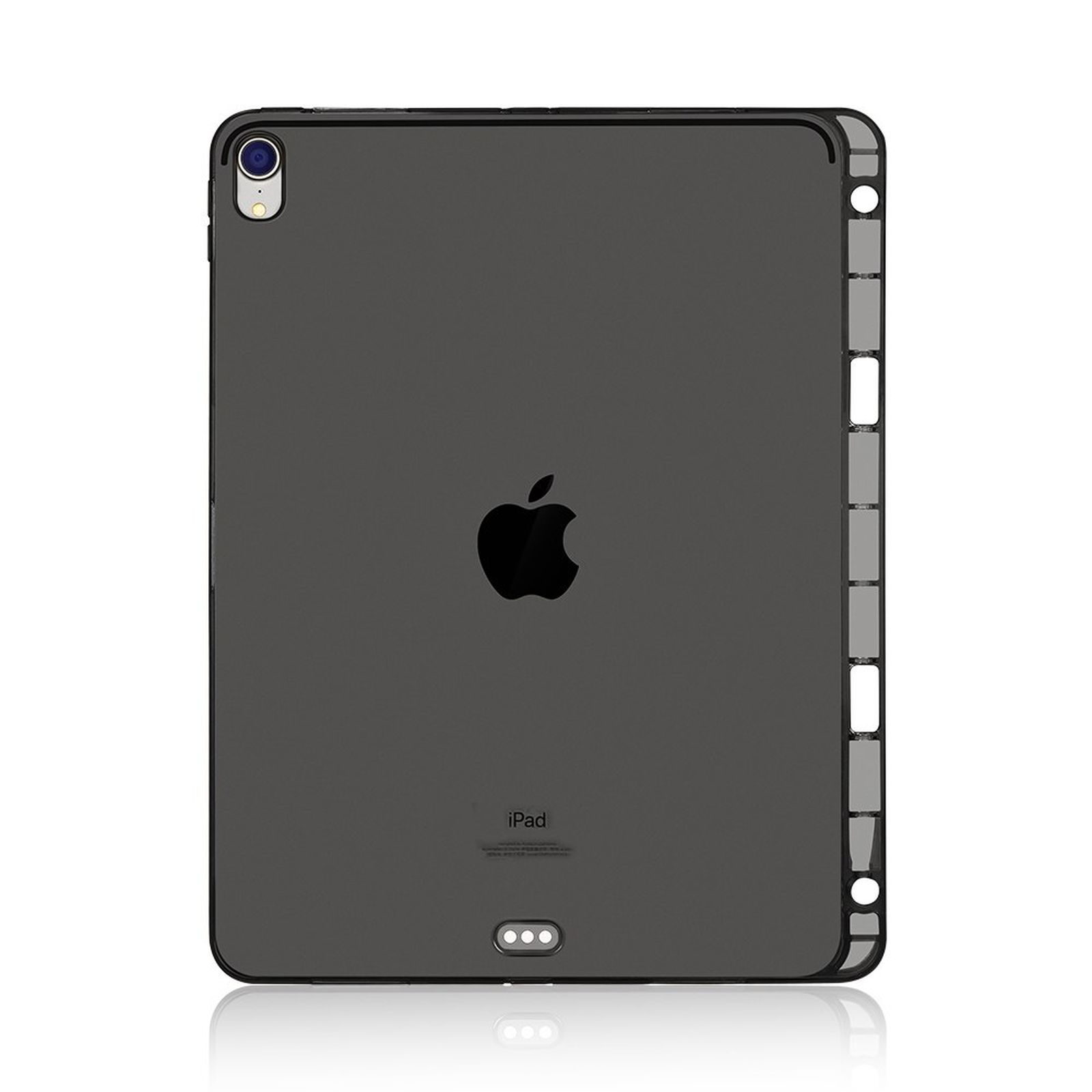 Rückseite eines grauen iPads mit schwarzem Apple-Logo. Die Rückseite ist von einem transparenten Rahmen umschlossen.
