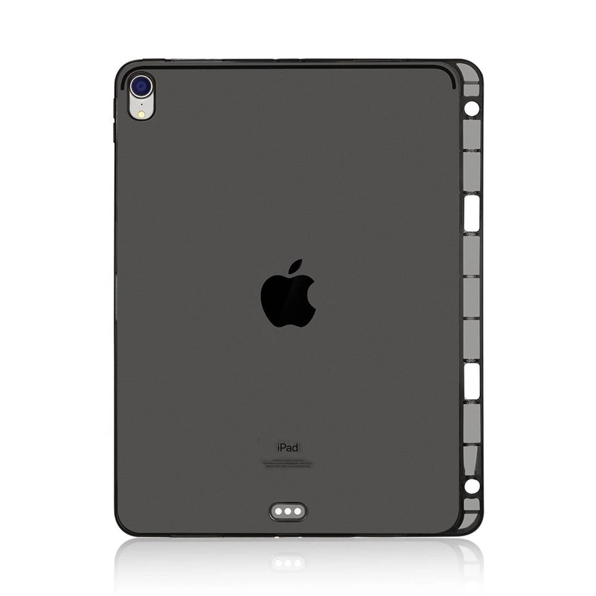 Dunkelgraue iPad-Rückseite mit Apple-Logo, Kamera und einer Seite mit Löchern. Es befindet sich auf einer weißen Oberfläche mit einer kleinen Reflexion.