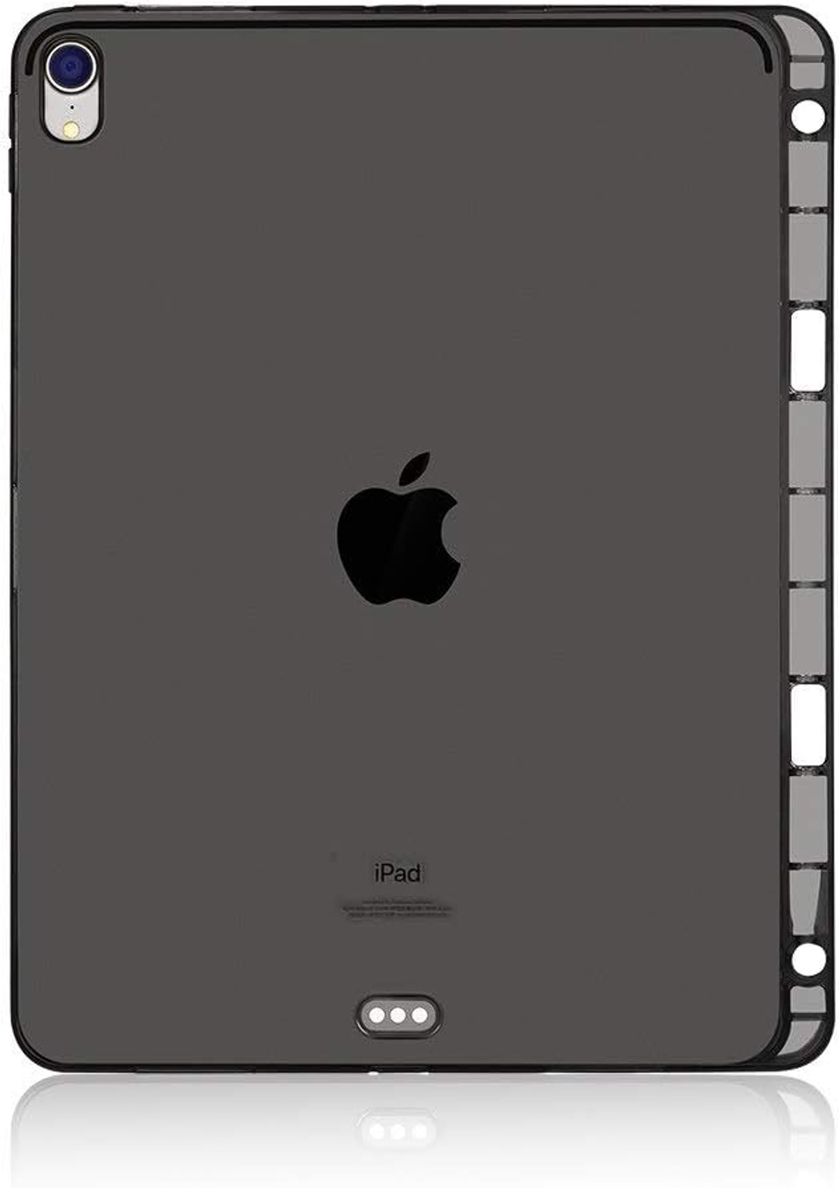 Rückseite eines dunkelgrauen iPads. Es hat ein schwarzes Apple-Logo, eine Kamera und eine Schutzhülle mit Aussparungen.