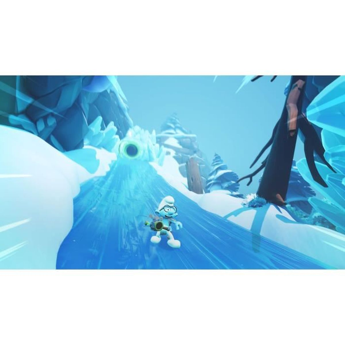 Un personaggio dei Puffi scivola giù per un pendio blu e ghiacciato. Sullo sfondo ci sono montagne innevate e alberi. È presente un buco nero.