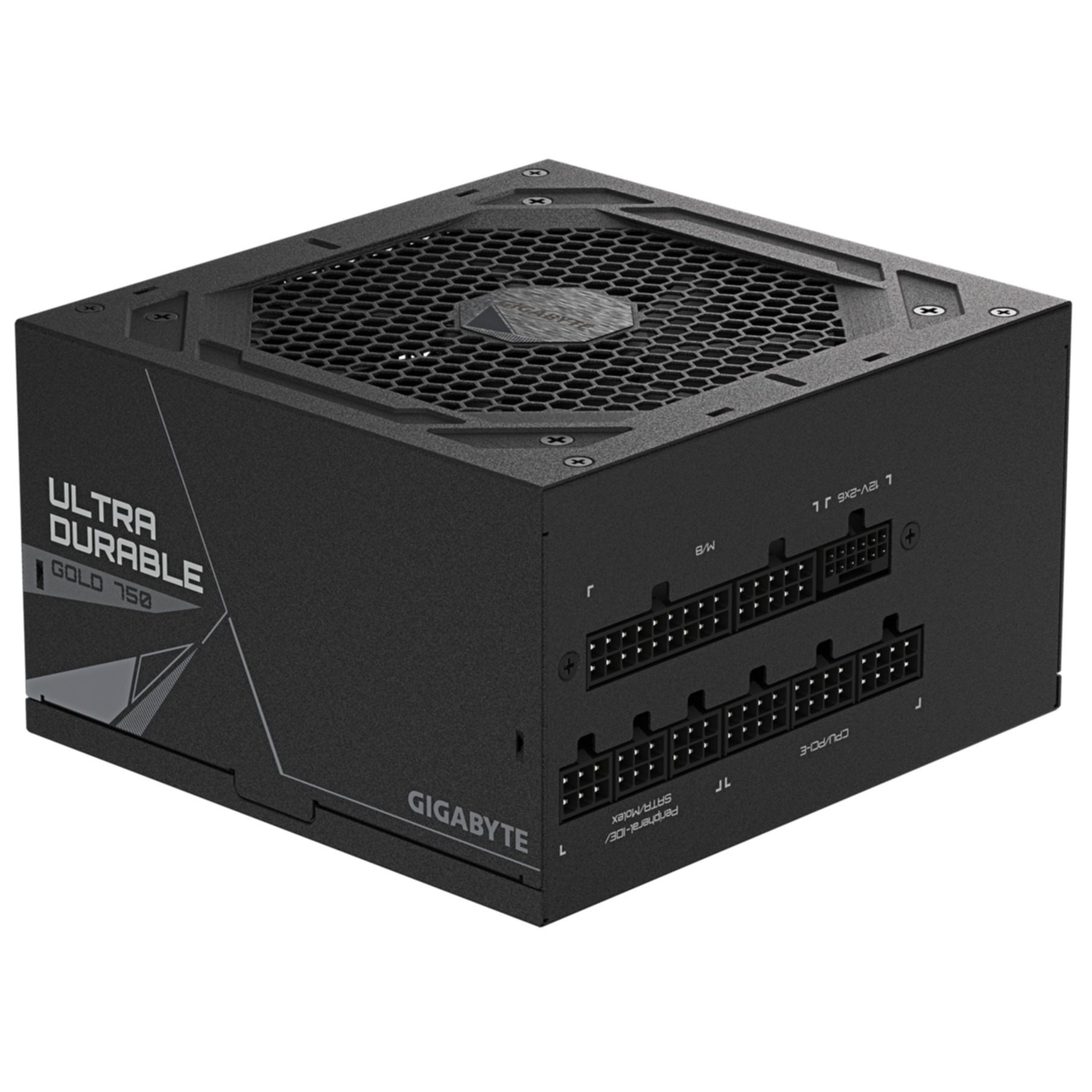 Czarny zasilacz Gigabyte Ultra Durable Gold 750. Posiada wiele złączy i wentylator na górze.