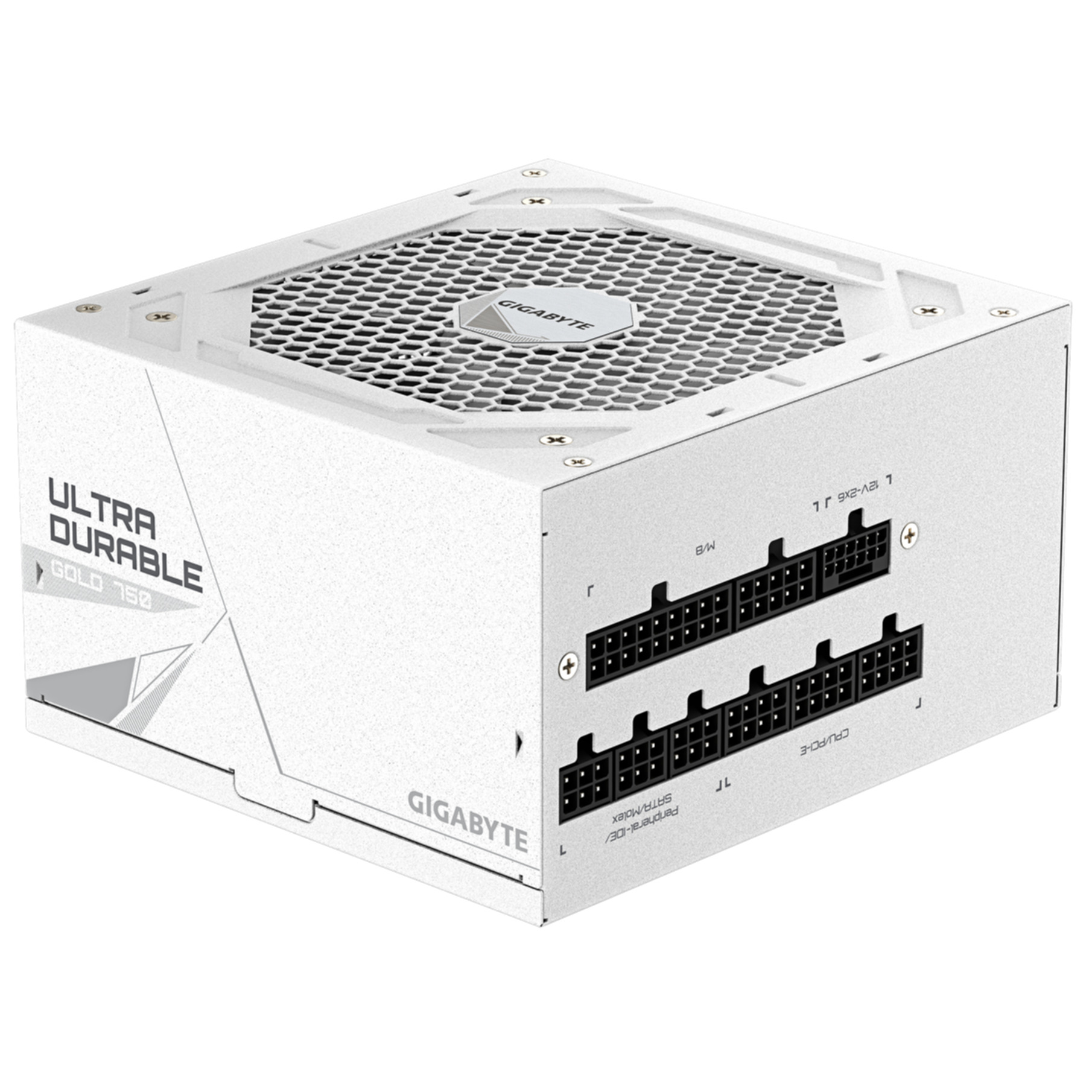 A white Gigabyte Ultra Durable Gold 750 power supply unit. It has a grid top and multiple connection ports.
