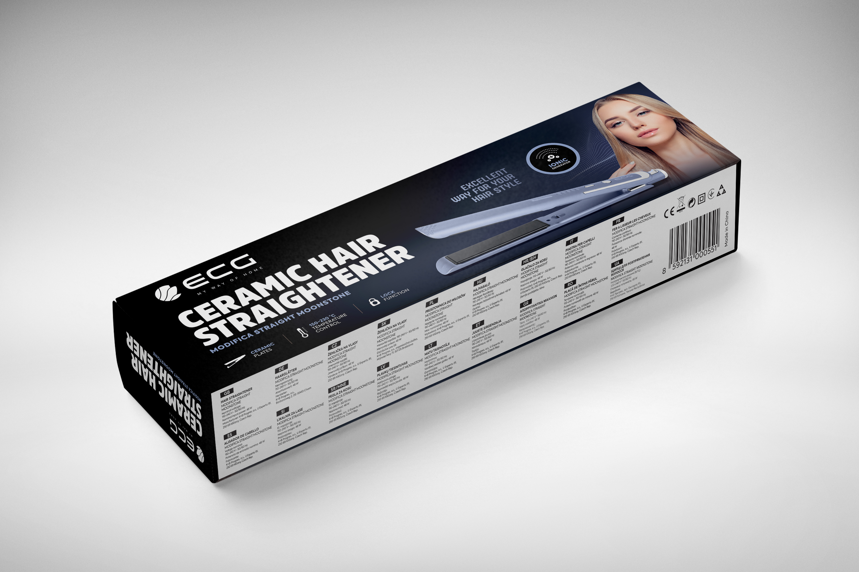 Verpackter Keramik-Haarglätter mit Foto einer Frau, Produktdetails und Branding.