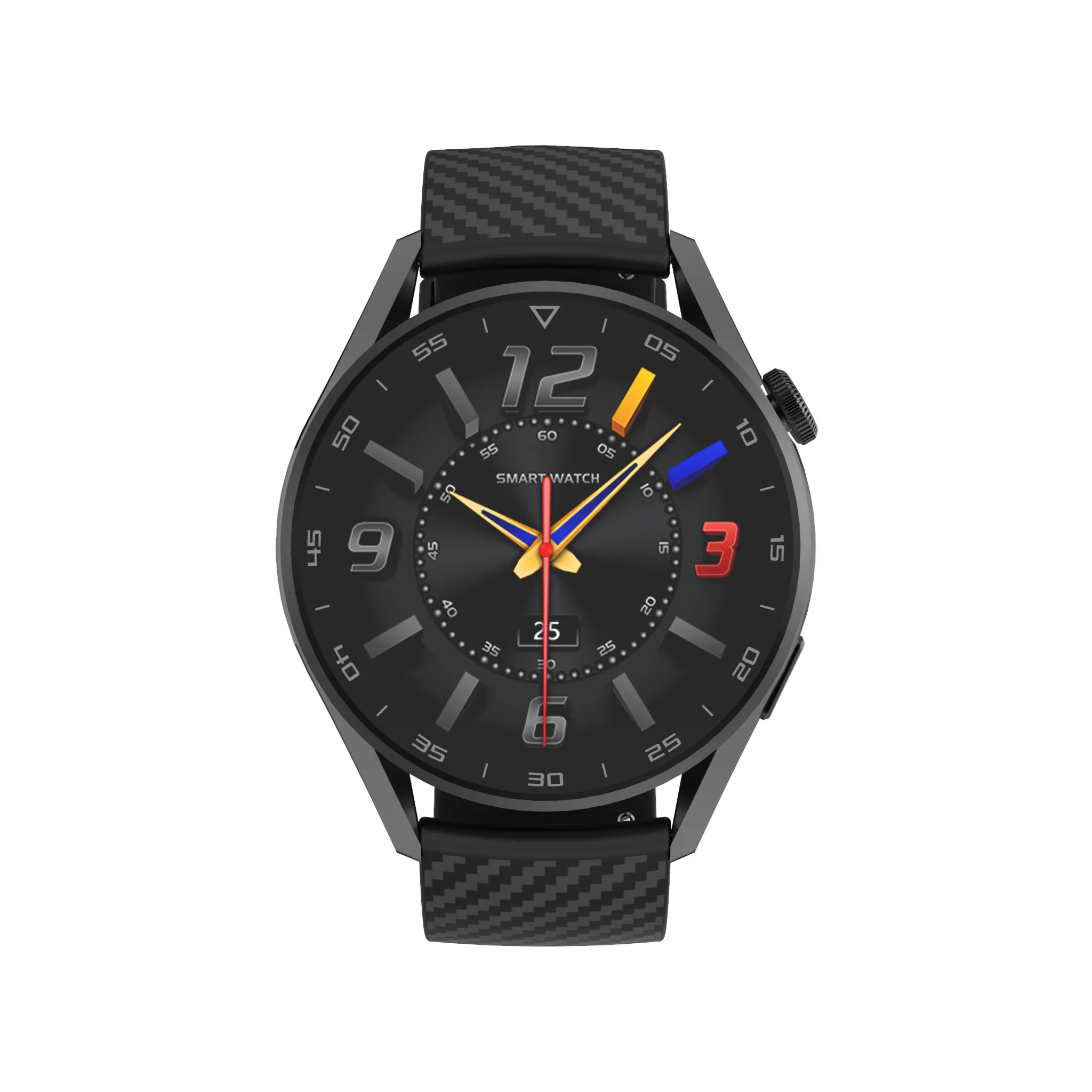 Czarny smartwatch z czarnym paskiem. Tarcza zegarka ma cyfry, wskazówki i wyświetlacz daty. Tło jest białe.