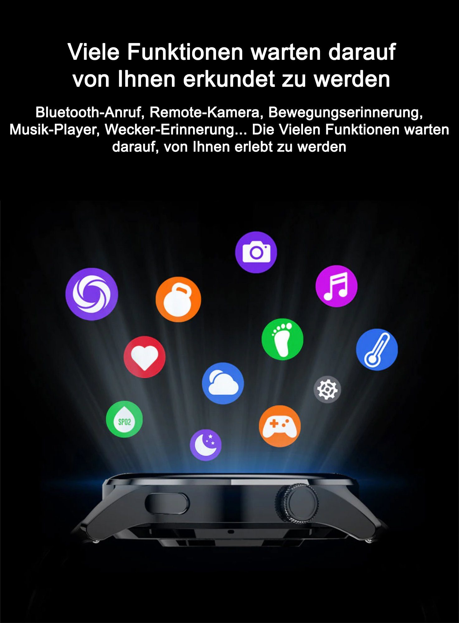 Czarny smartwatch z ikonami funkcji, w tym aparatu, nuty i serca, na ciemnym tle.