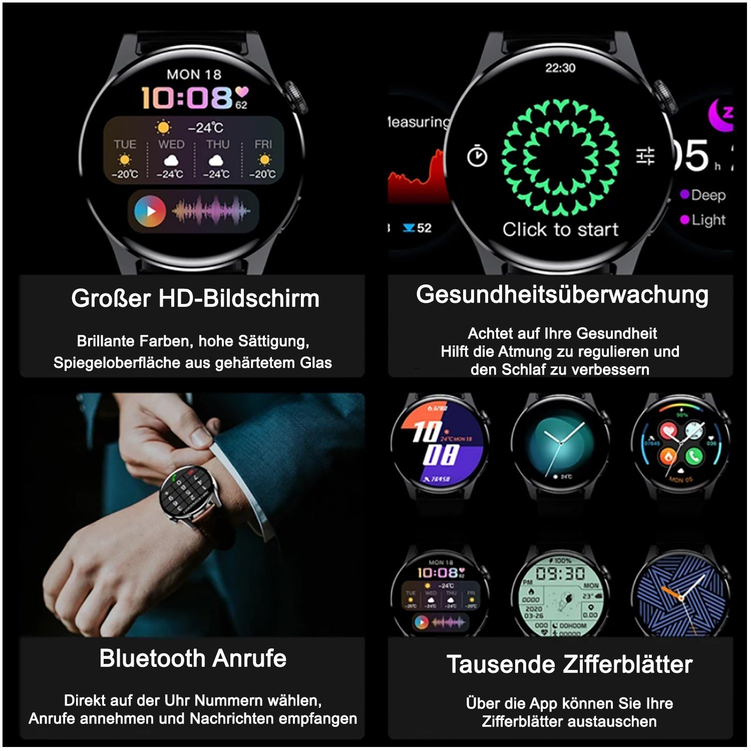 Smartwatch z różnymi wyświetlaczami pokazującymi czas, pogodę, wskaźniki zdrowia i powiadomienia. Ręka nosi zegarek.