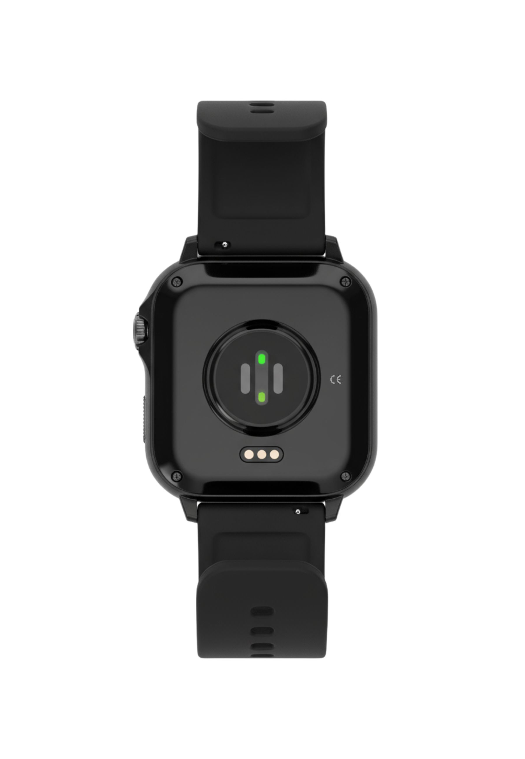 Schwarze Smartwatch-Rückseite. Merkmale sind Sensoren, Armbandbefestigungen und ein Herzfrequenzsensor mit grünem Licht.