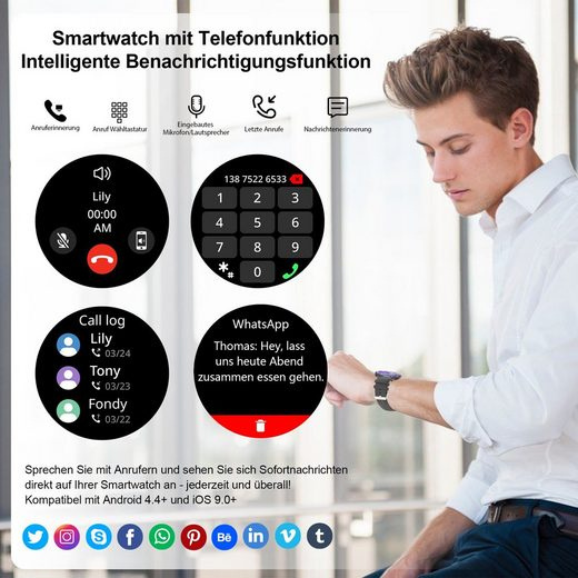 Mężczyzna z smartwatchem wyświetlającym powiadomienia o połączeniach i wiadomościach. Ikony i tekst na ekranie zegarka.