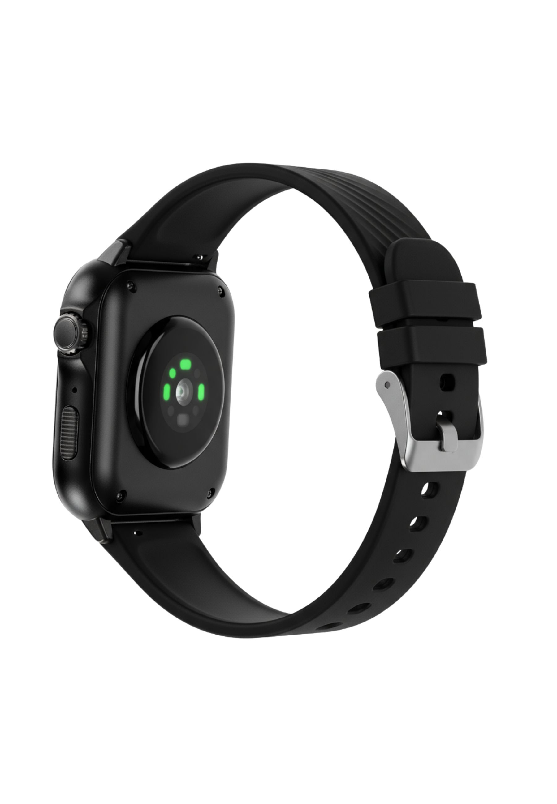 Eine schwarze Smartwatch mit gebogenem Armband und silberner Schnalle. Die Rückseite zeigt einen Herzfrequenzsensor.