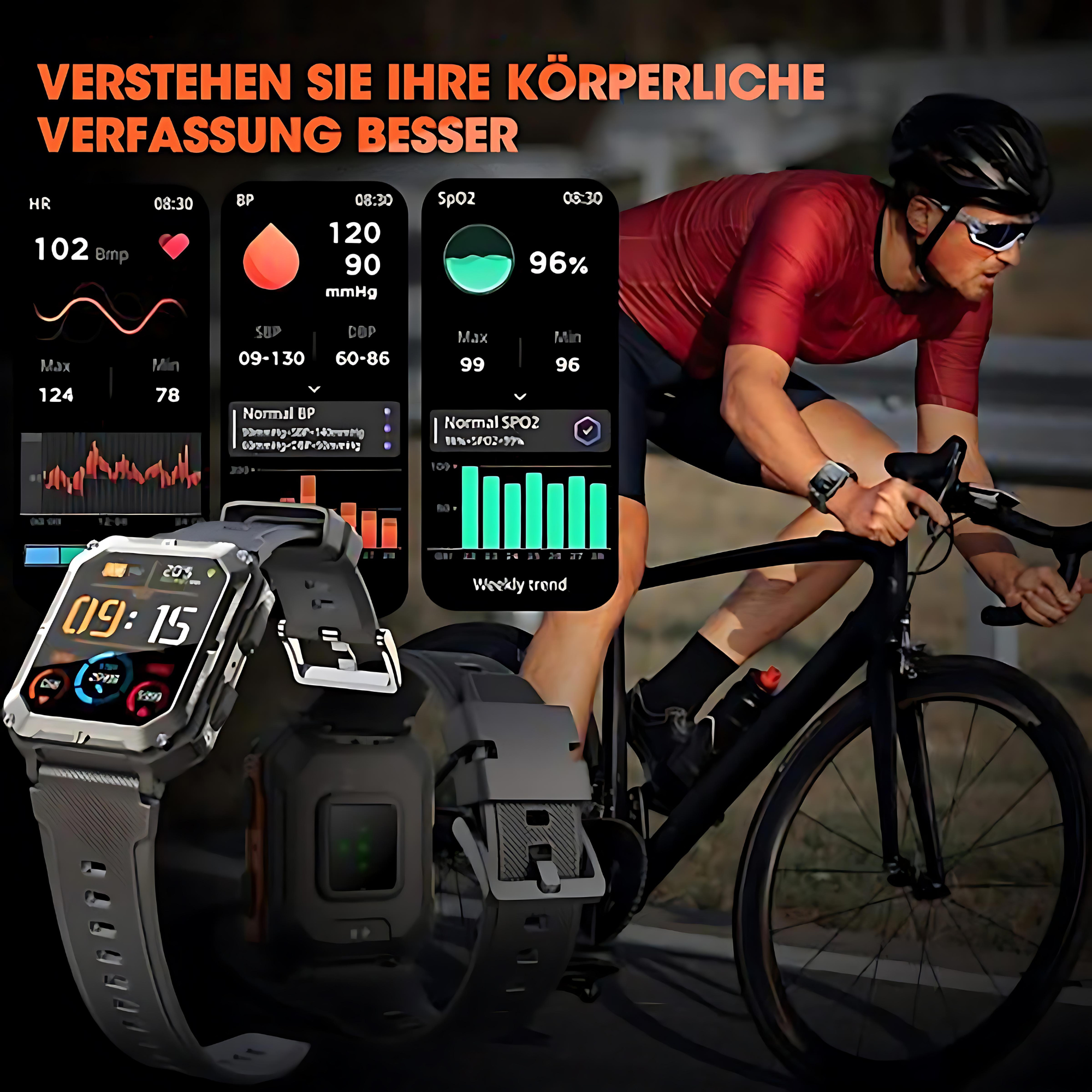 Kolarz w czerwonej koszulce, ze smartwatchami wyświetlającymi dane zdrowotne, jedzie na czarnym rowerze.