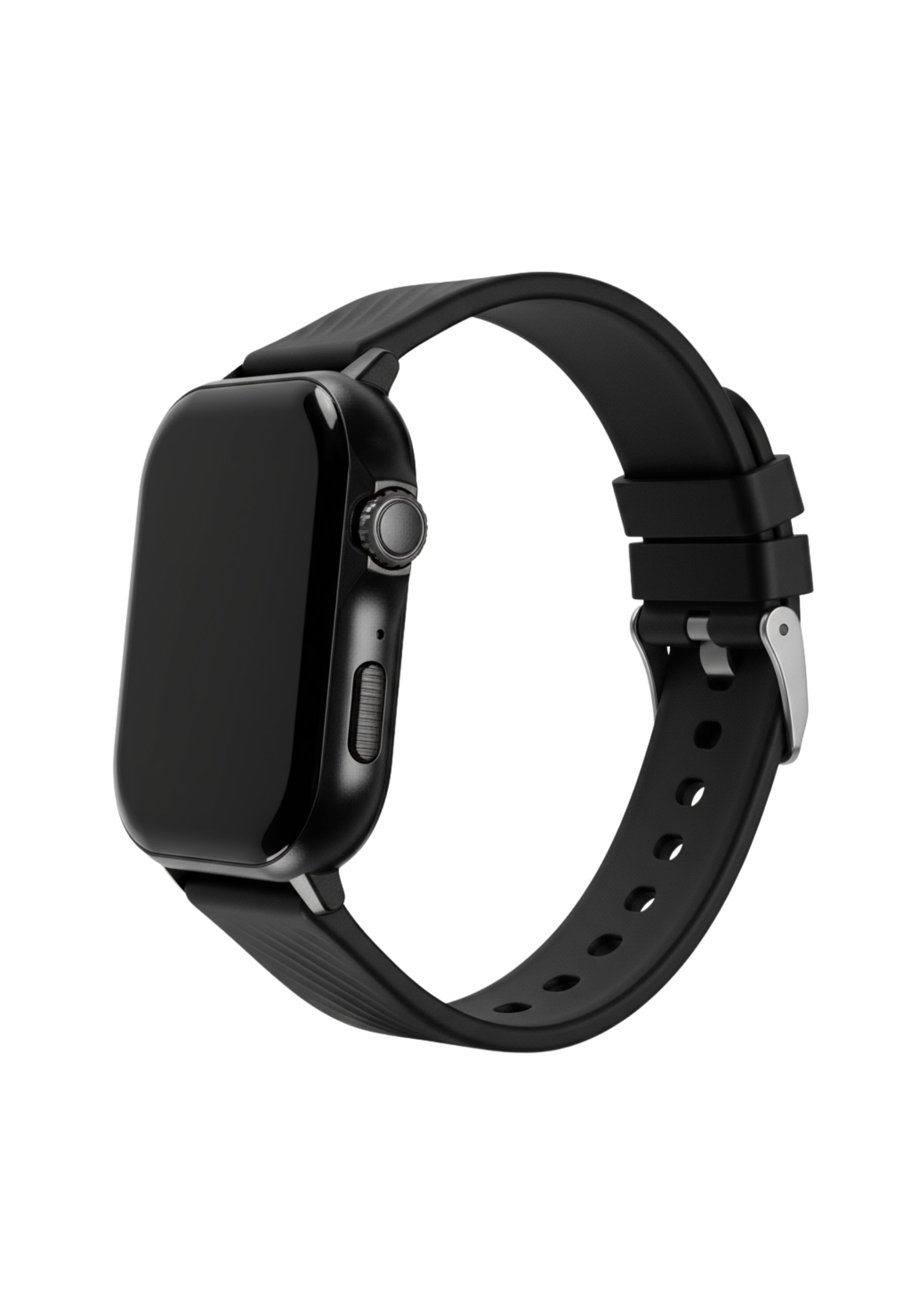 Schwarze Smartwatch mit schwarzem Armband. Die Uhr hat einen schwarzen Bildschirm und einen Knopf. Weißer Hintergrund.