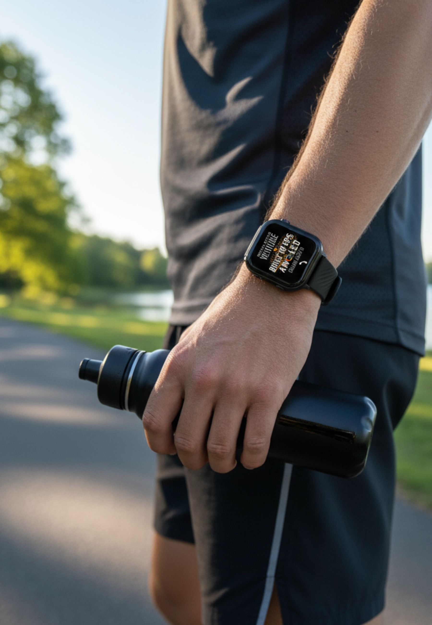 Eine Person, die eine Wasserflasche hält und eine Smartwatch trägt. Der Hintergrund zeigt einen Park und einen Pfad.