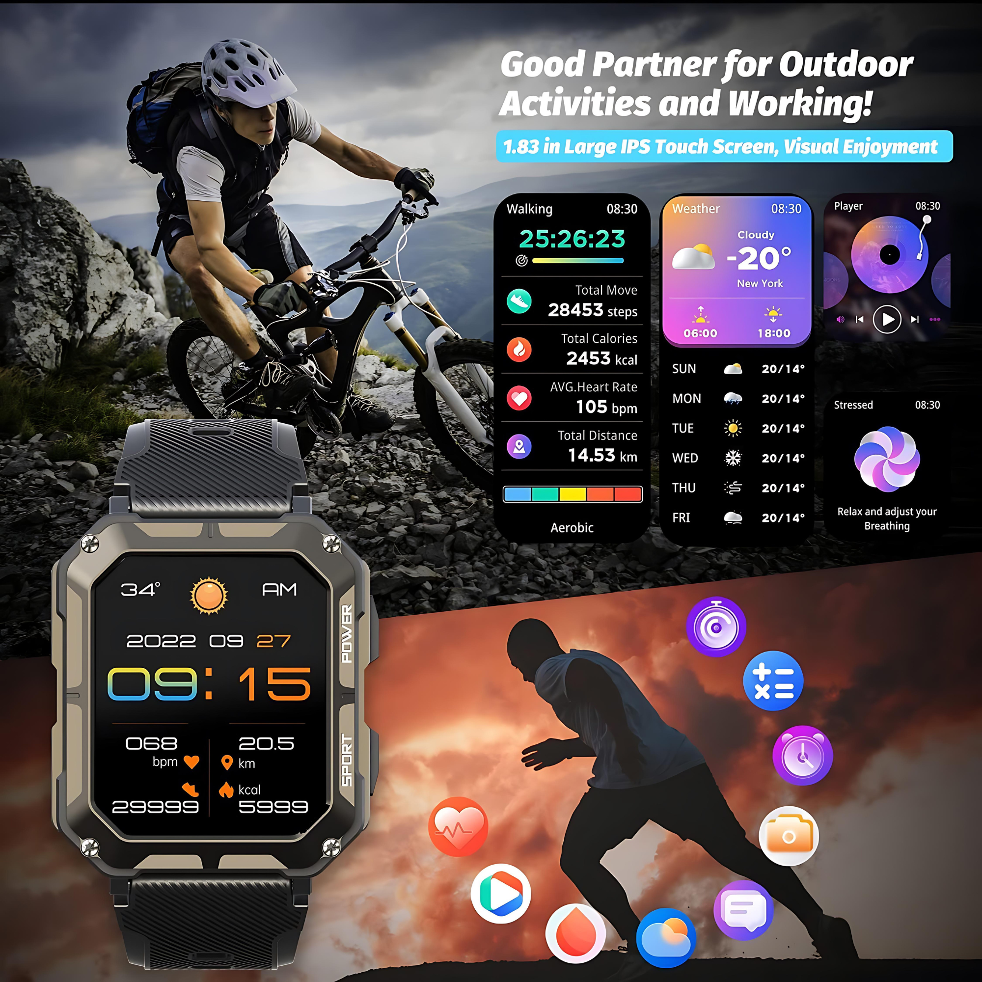 Mężczyzna na rowerze górskim, smartwatch z danymi fitness i ikonami różnych aktywności.