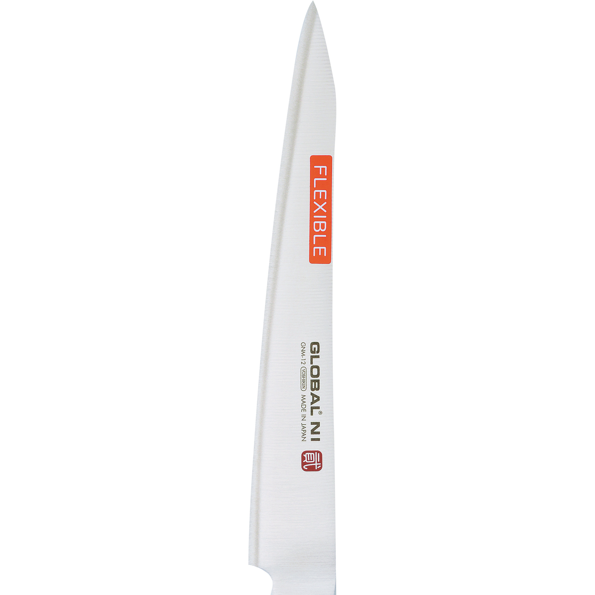 Ein weißes, flexibles Küchenmesser mit spitzer Spitze. Es hat ein orangefarbenes Etikett mit der Aufschrift FLEXIBLE. Text: GLOBAL NI, MADE IN JAPAN.