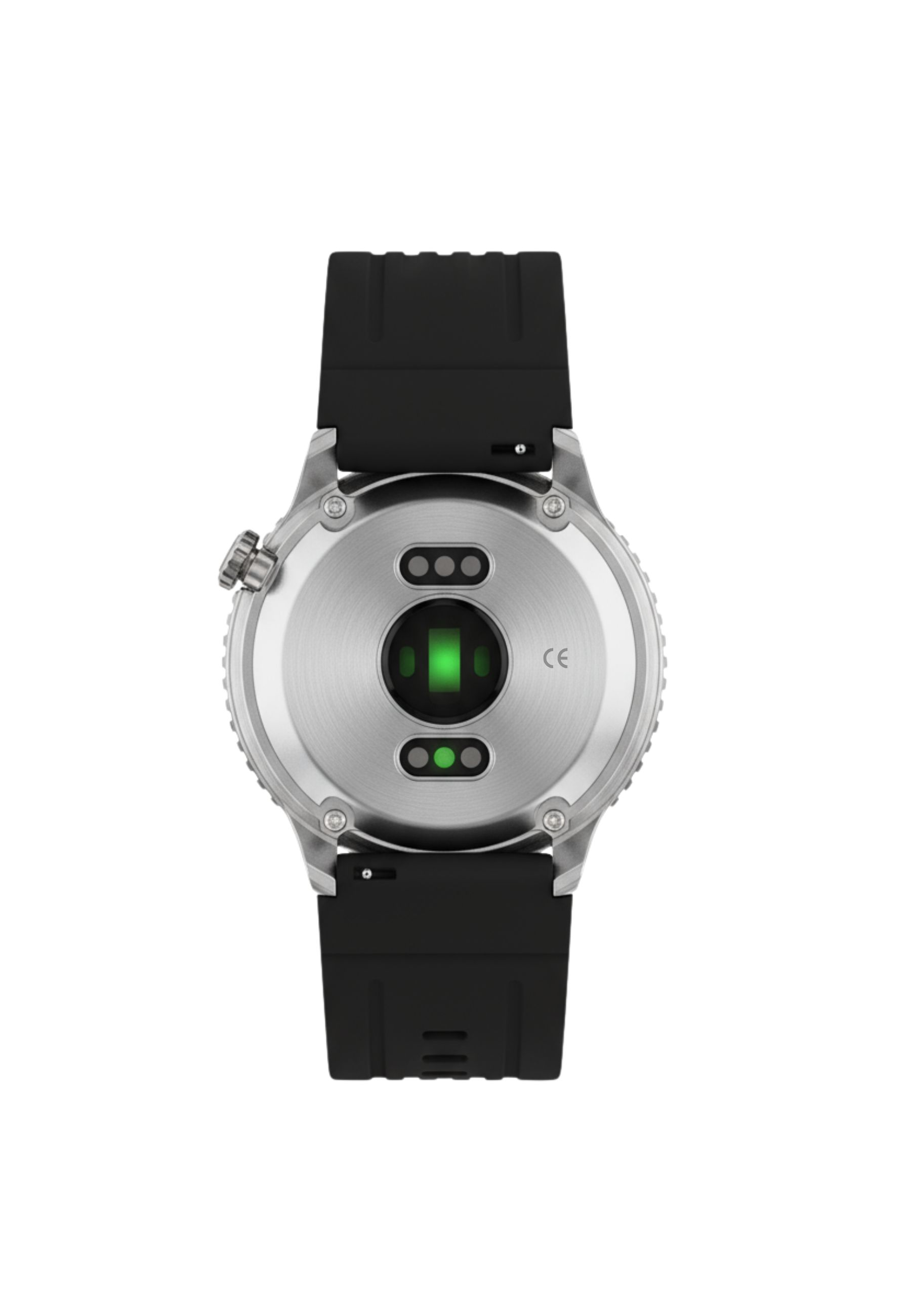 Vista posteriore di uno smartwatch. Cinturini neri, quadrante argentato e sensore verde. Marchio CE visibile.