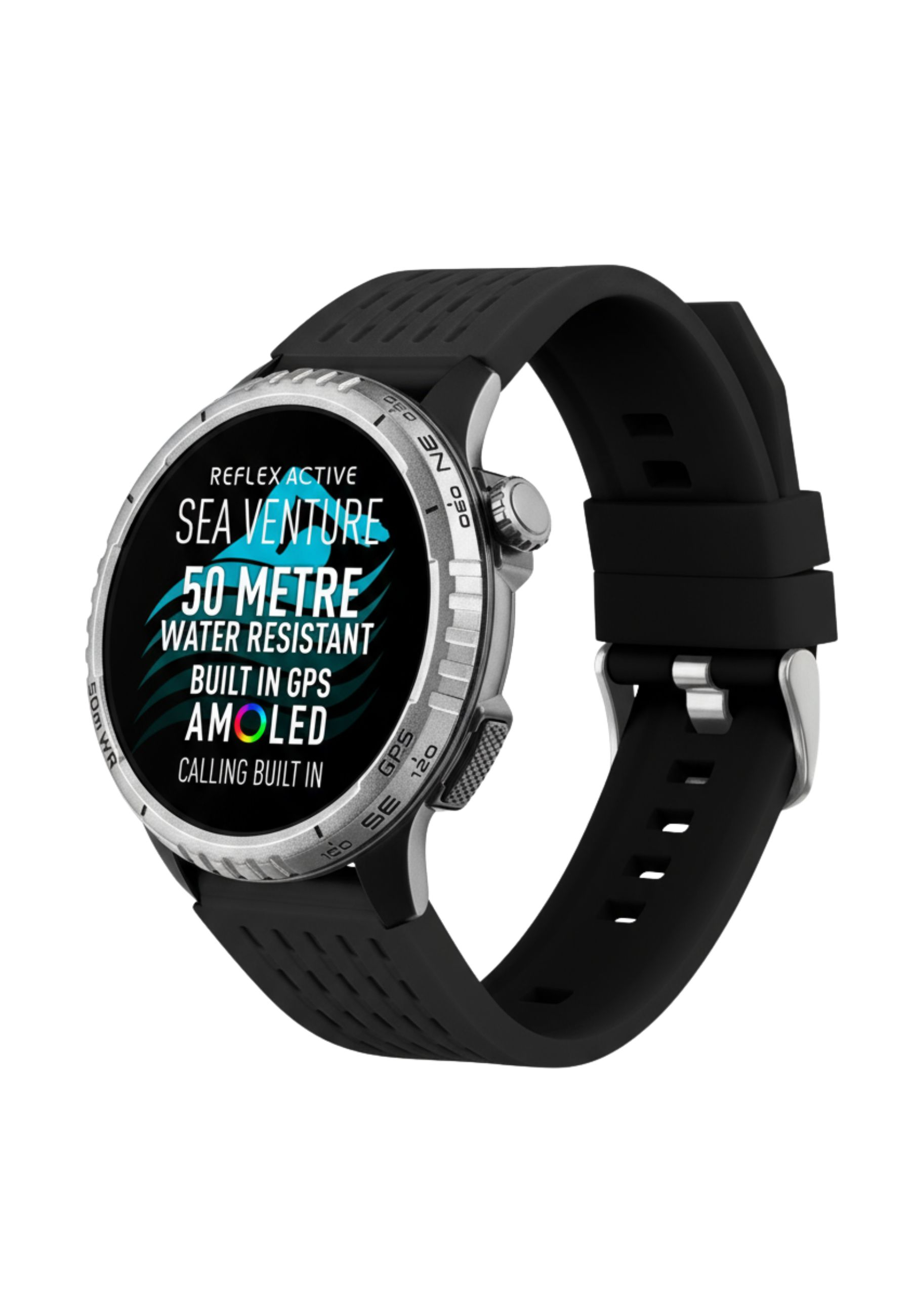Uno smartwatch nero con lunetta argentata. Lo schermo mostra 'Sea Venture' e le funzioni.