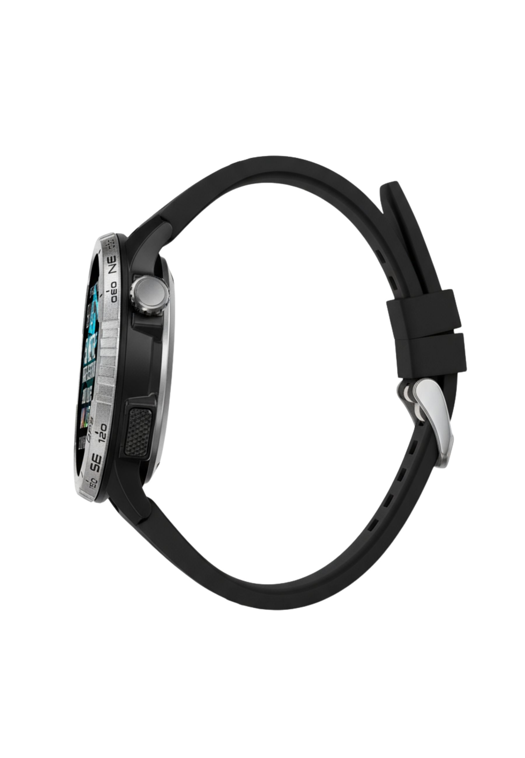 Smartwatch nero con cinturino nero. Il quadrante mostra un display. L'orologio è isolato su sfondo bianco.