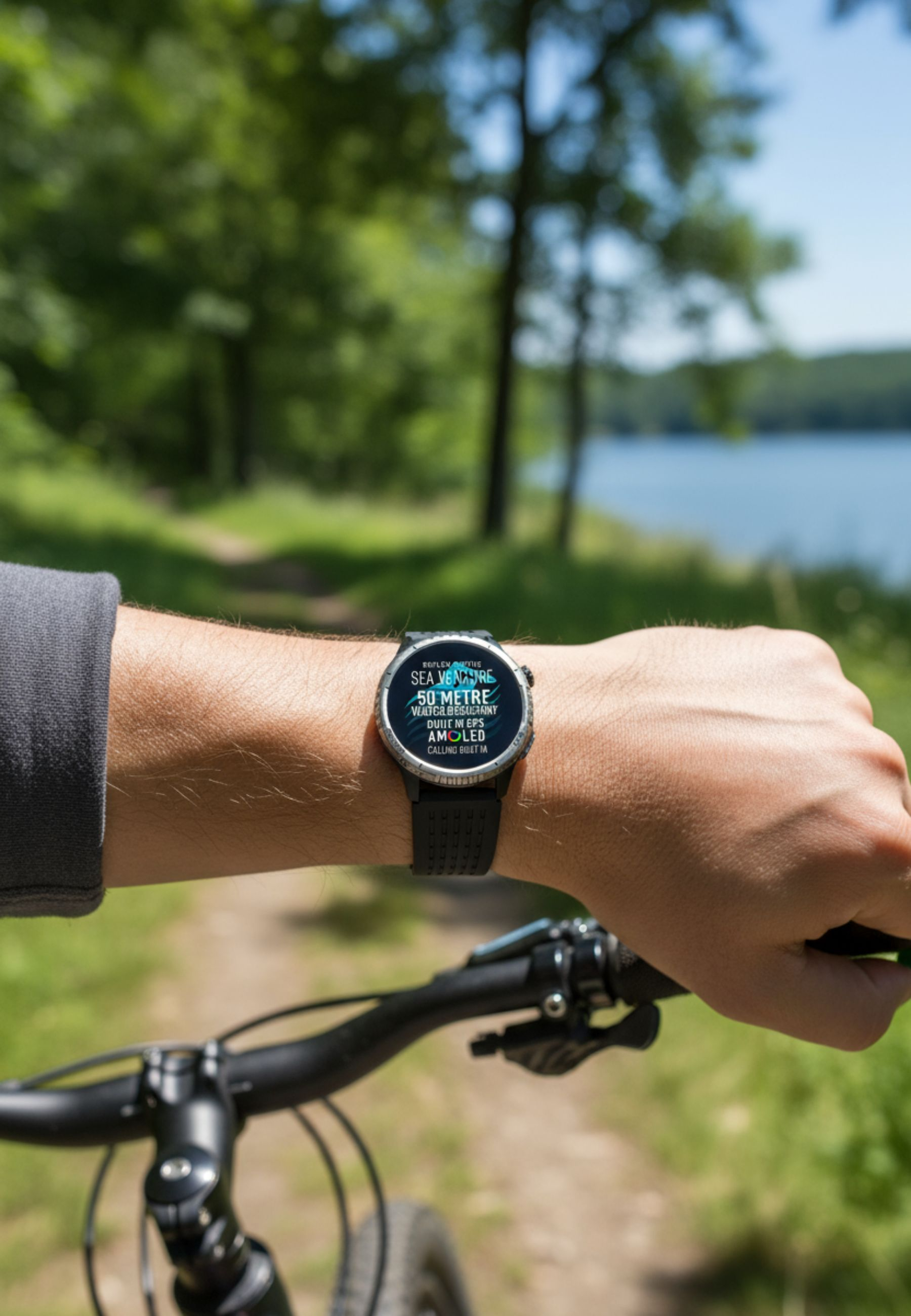 Uomo in bicicletta, polso con orologio che mostra i dettagli 'Sea Venture'. Sfondo di foresta e acqua.