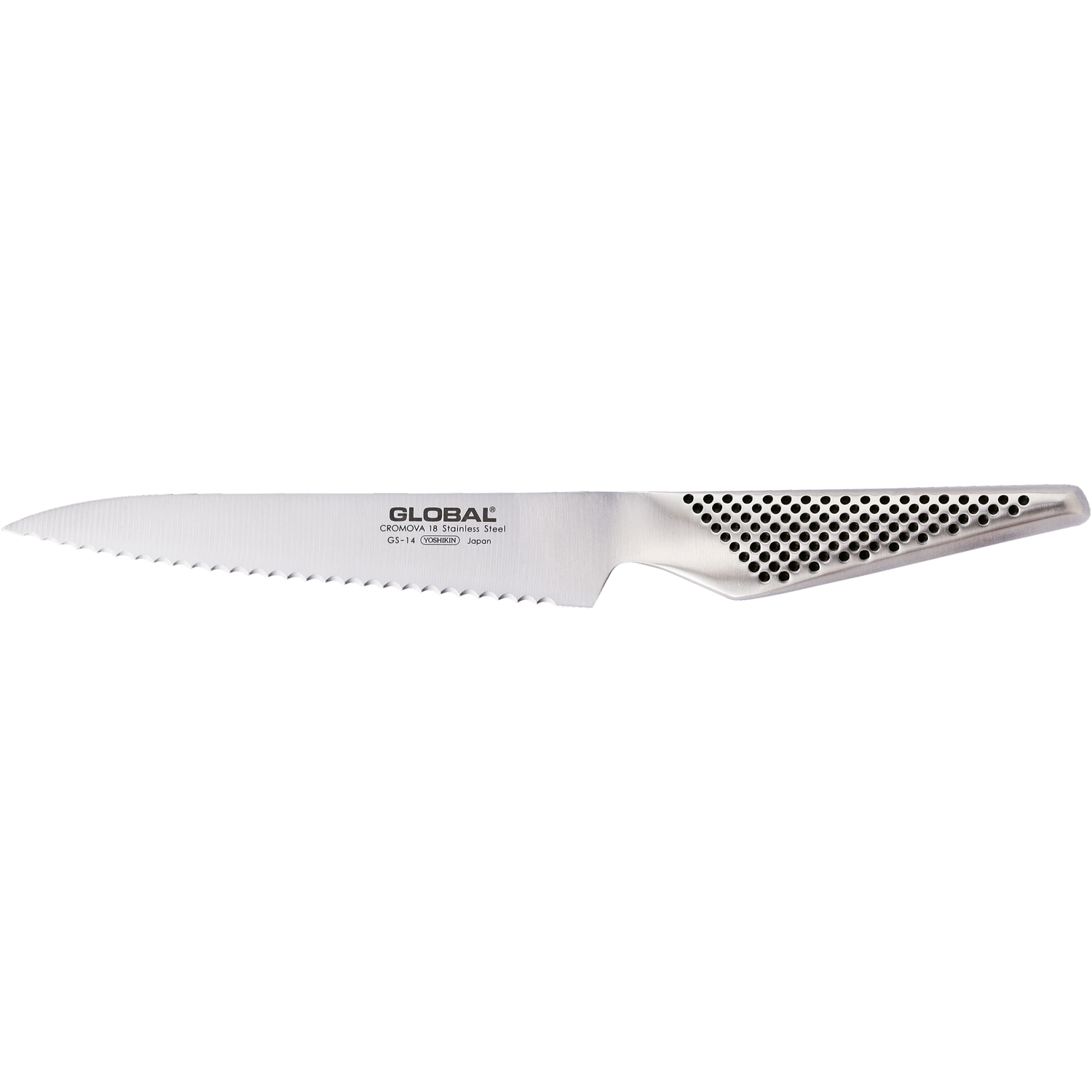 Ein gezahntes Messer aus Edelstahl, das Global GS-14, liegt vor einem weißen Hintergrund. Das Messer hat einen strukturierten Griff mit Punkten.