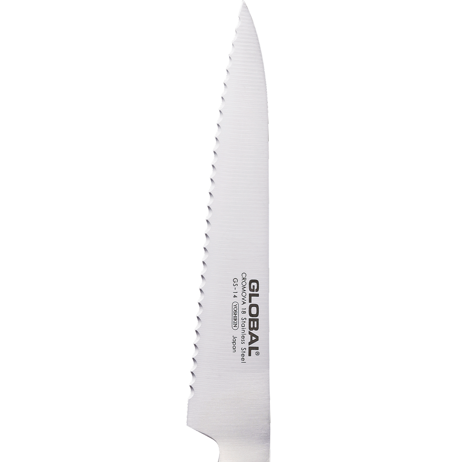 Nahaufnahme eines gezahnten Messers aus Edelstahl. Die Klinge trägt den Markennamen 'GLOBAL' und 'CROMOVA 18 Stainless Steel'.