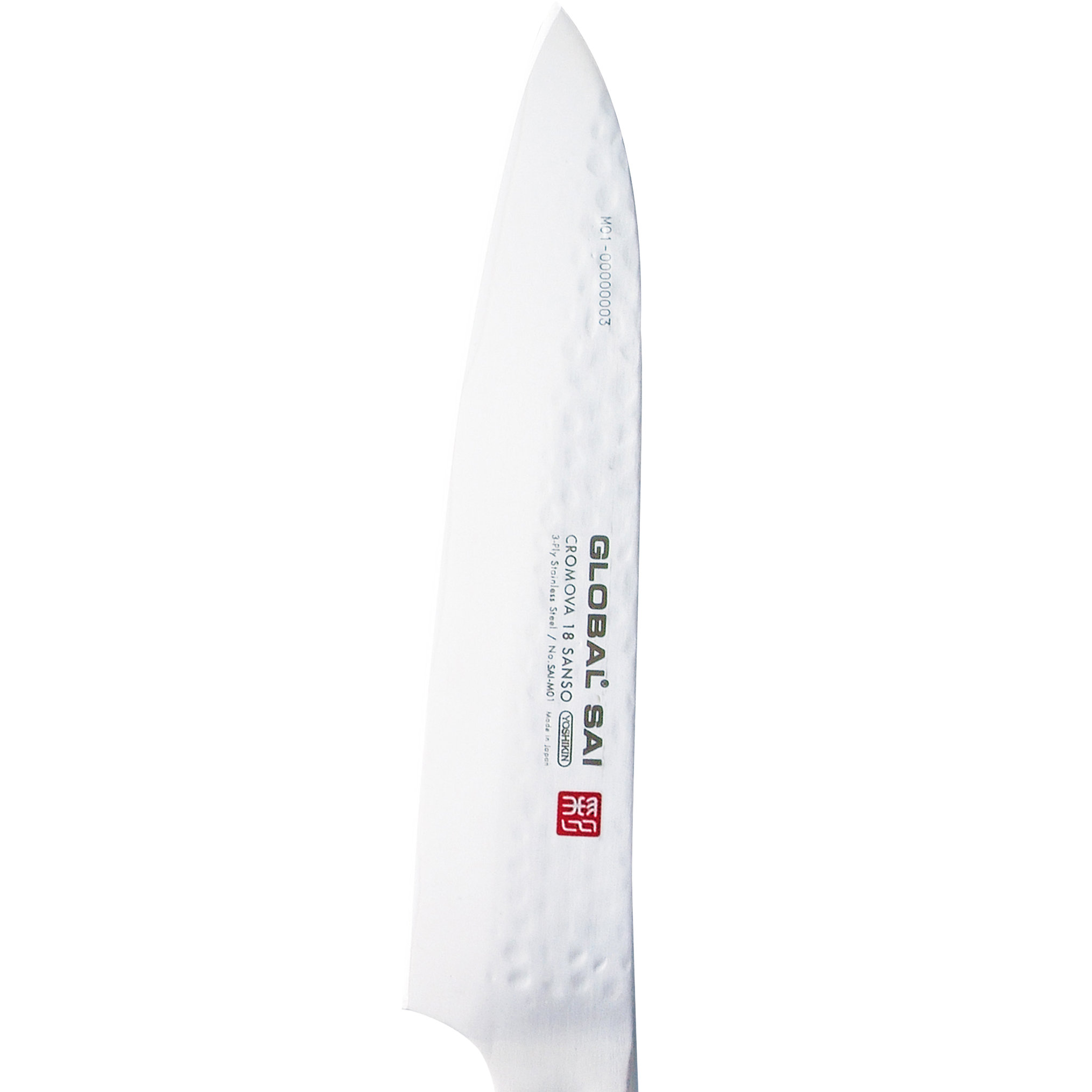 Nahaufnahme eines GLOBAL SAI Küchenmessers. Die Klinge ist silberfarben und trägt den Text 'GLOBAL SAI CROMOVA 18 SANSO' und ein rotes Logo.