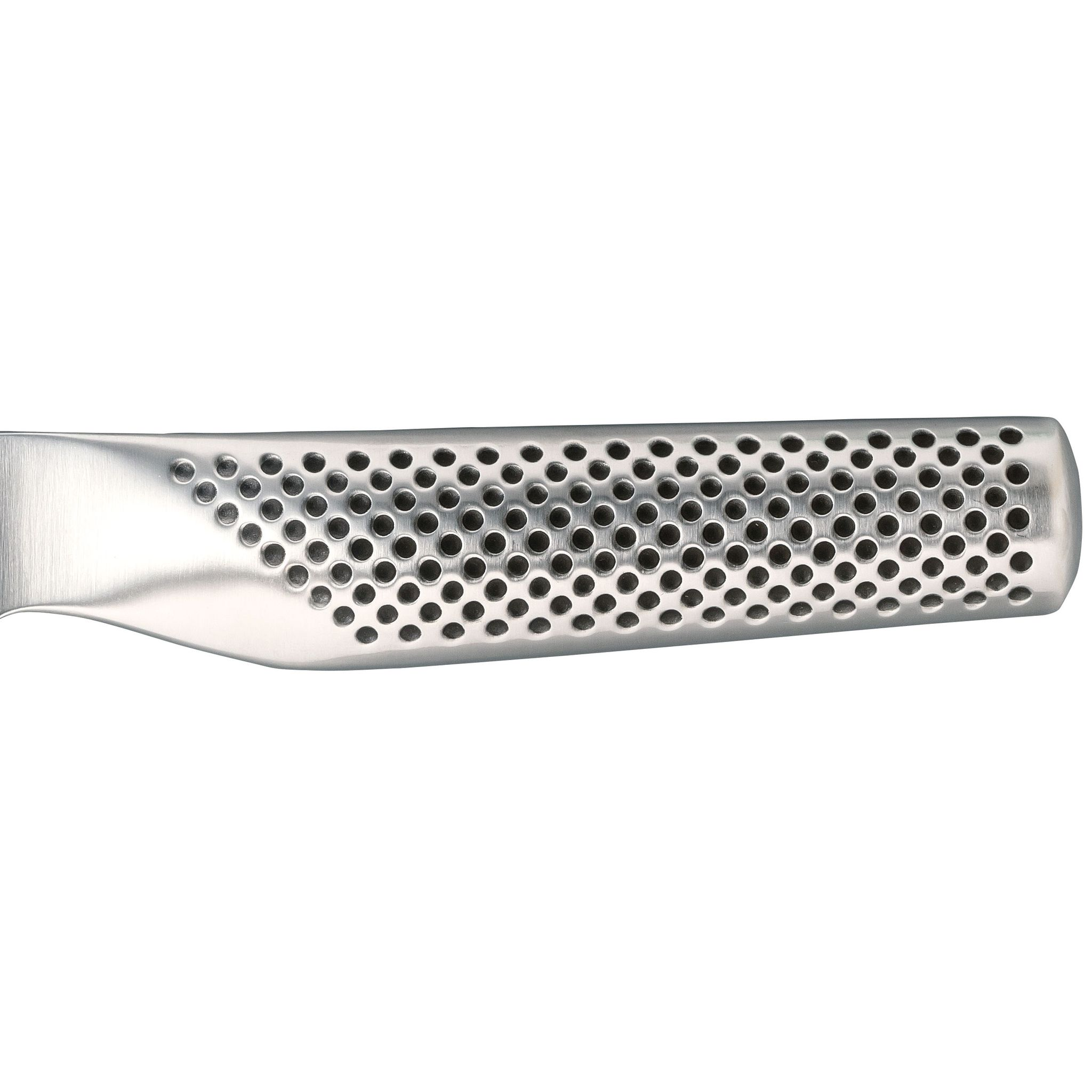 Nahaufnahme eines Edelstahl-Messergriffs mit perforiertem Design und glattem Klingenteil.