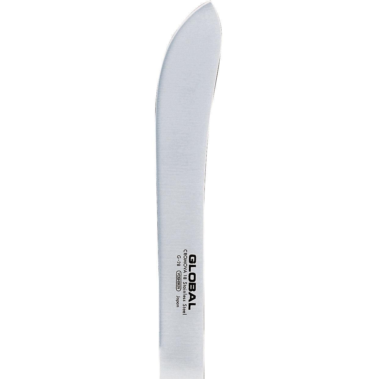 Ein vertikal ausgerichtetes Butter-Messer aus Edelstahl vor weißem Hintergrund. Es hat eine gebogene Klinge mit dem Markennamen 'GLOBAL' auf dem Griff.