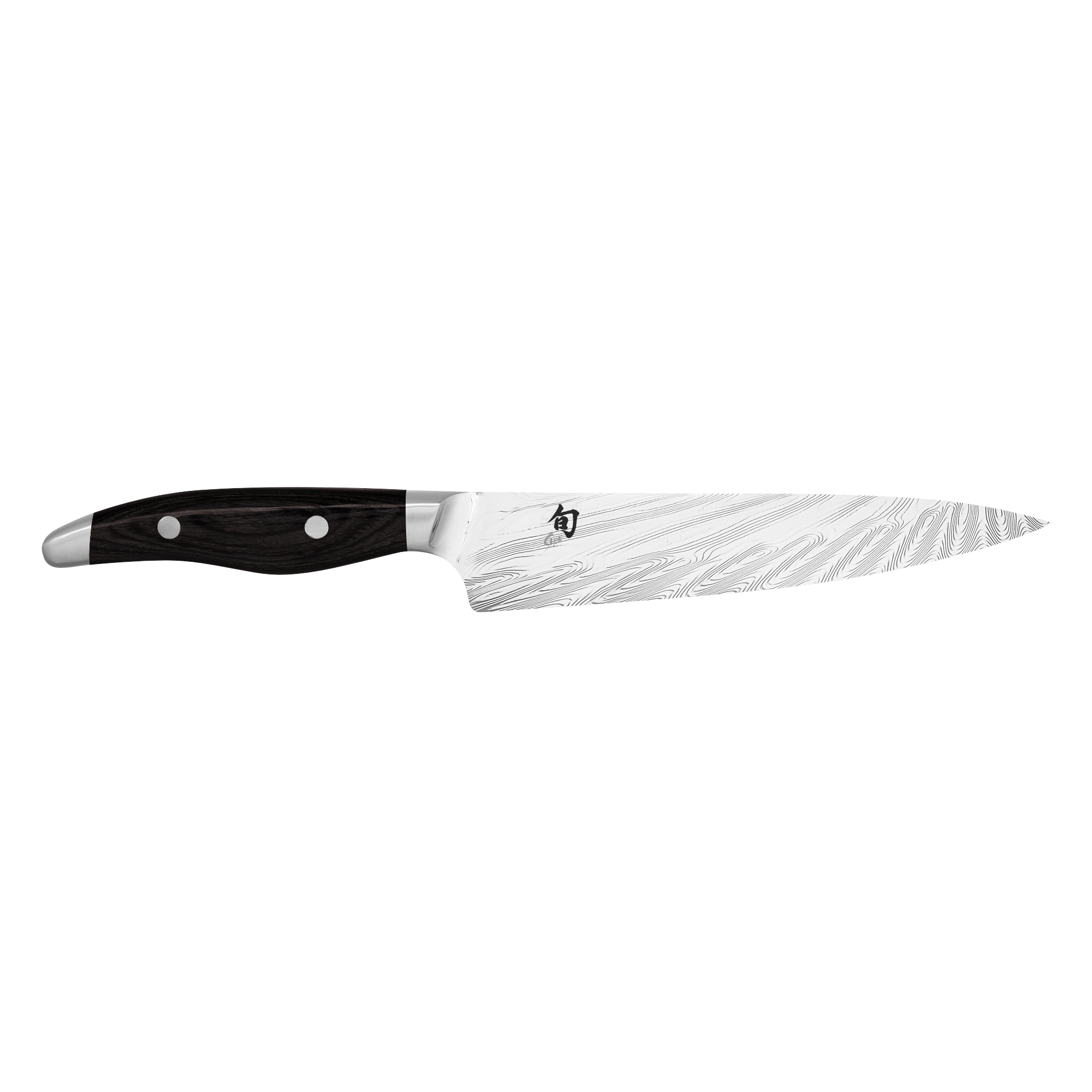 Ein Shun-Kochmesser mit schwarzem Holzgriff und gemusterter silberner Klinge, vor weißem Hintergrund.
