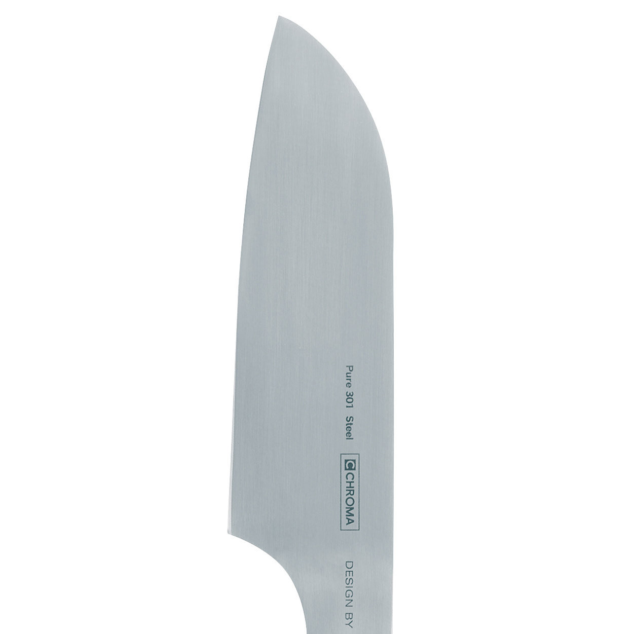 Nahaufnahme eines Edelstahl-Kochmessers. Das Messer hat eine gebogene Klinge und einen Griff mit der Marke 'CHROMA'.