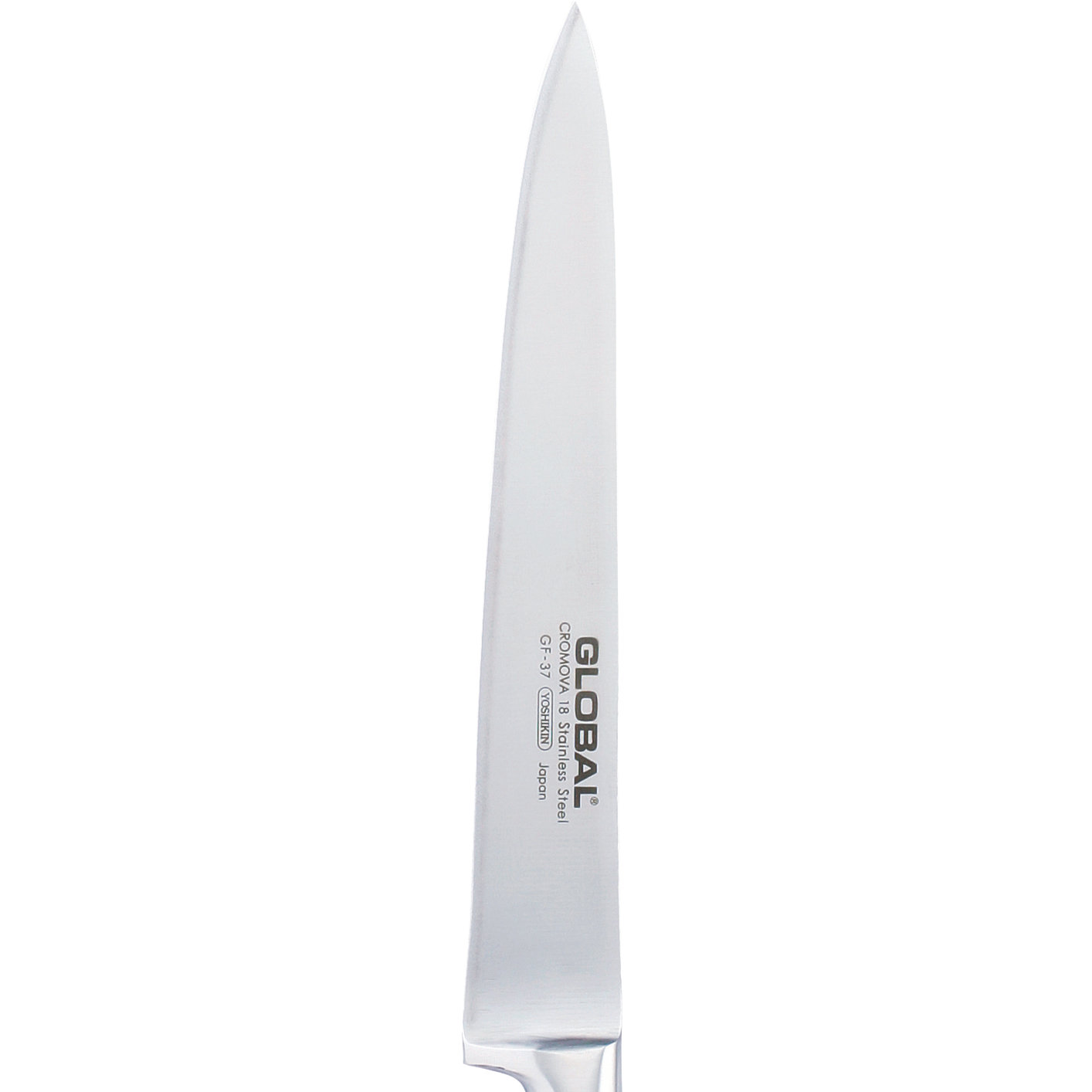 Ein Edelstahl-GLOBAL-Küchenmesser, scharfe Klinge nach oben zeigend. Text auf der Klinge: CROMOVA 18 Stainless Steel GF-37 Yoshikin Japan.