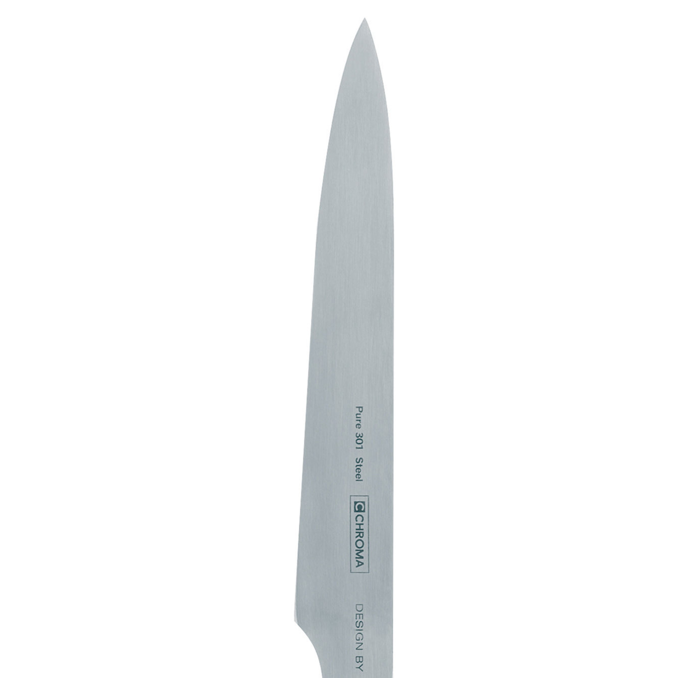 Ein Edelstahlmesser mit spitzer Spitze. Die Klinge zeigt 'Pure 301 Steel' und 'CHROMA DESIGN BY'.