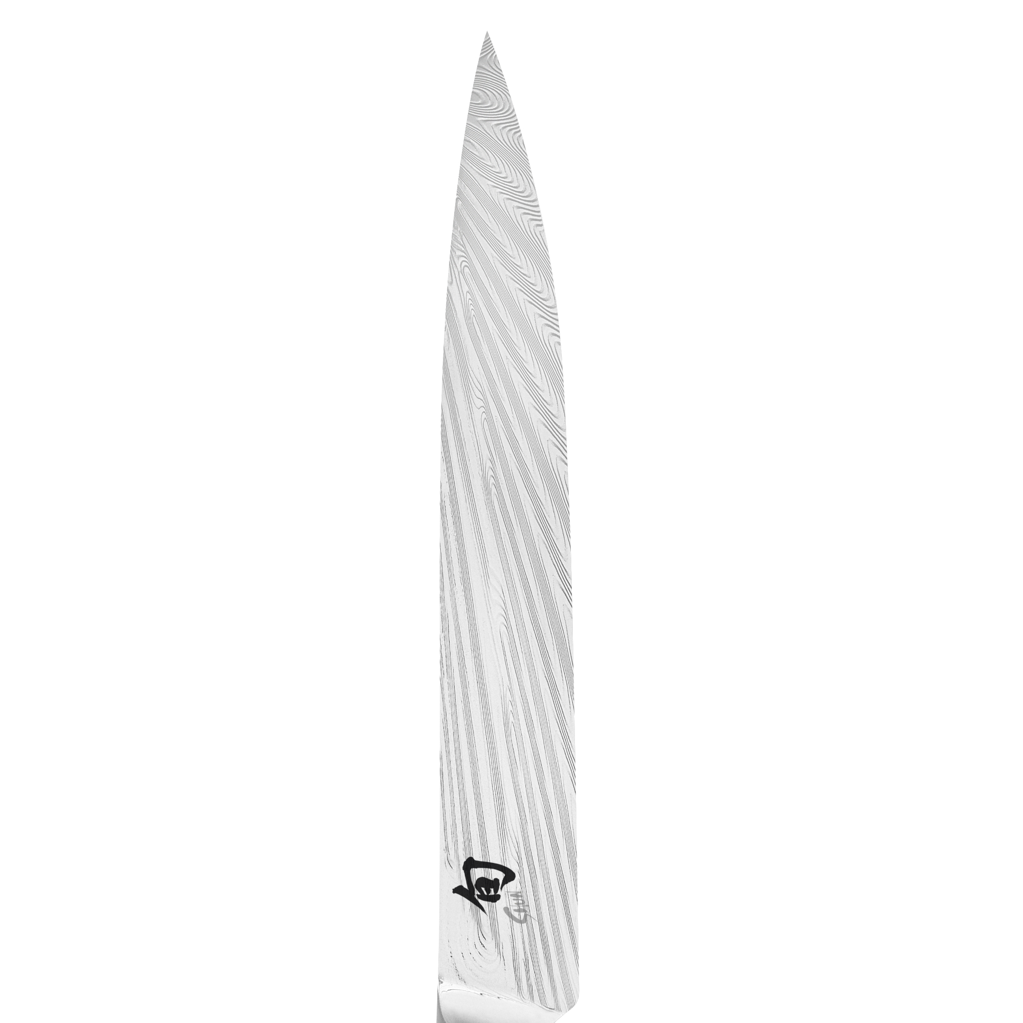 Vertikale Aufnahme einer Messerklinge. Sie ist silberfarben mit einem einzigartigen Holzmaserungsmuster. Der Griff hat ein schwarzes Symbol.