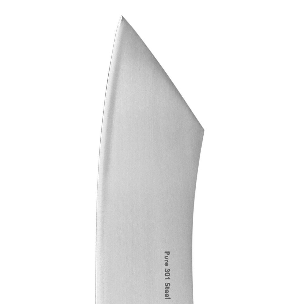 Nahaufnahme einer Edelstahl-Messerklinge. Das Messer ist mit 'Pure 301 Steel' beschriftet. Der Hintergrund ist weiß.