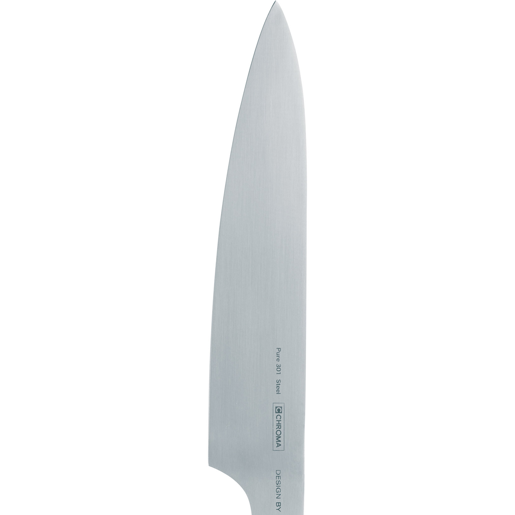 Ein Edelstahl-Kochmesser. Auf der Klinge steht 'Pure 301 Steel' und 'CHROMA DESIGN BY'.