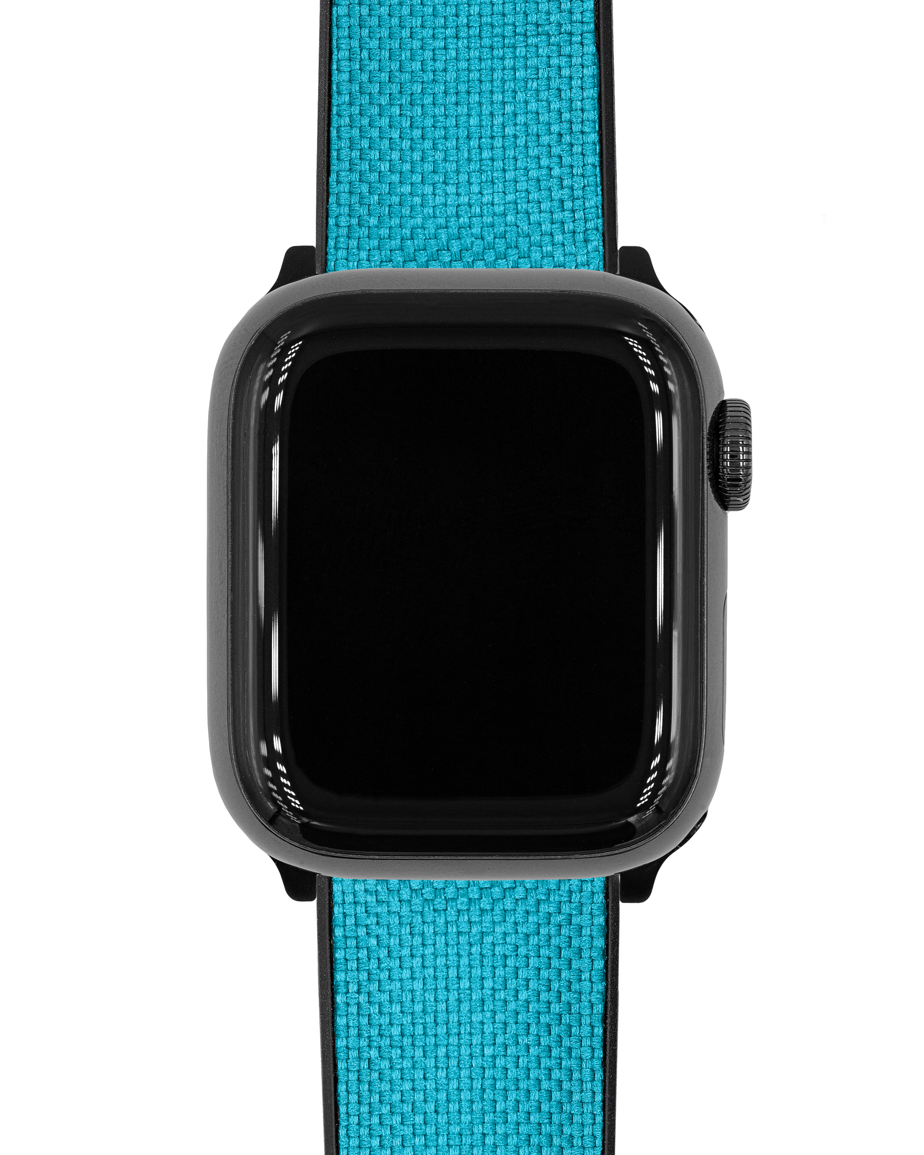 Schwarze Smartwatch mit cyanfarbenem gewebtem Armband auf weißem Hintergrund.