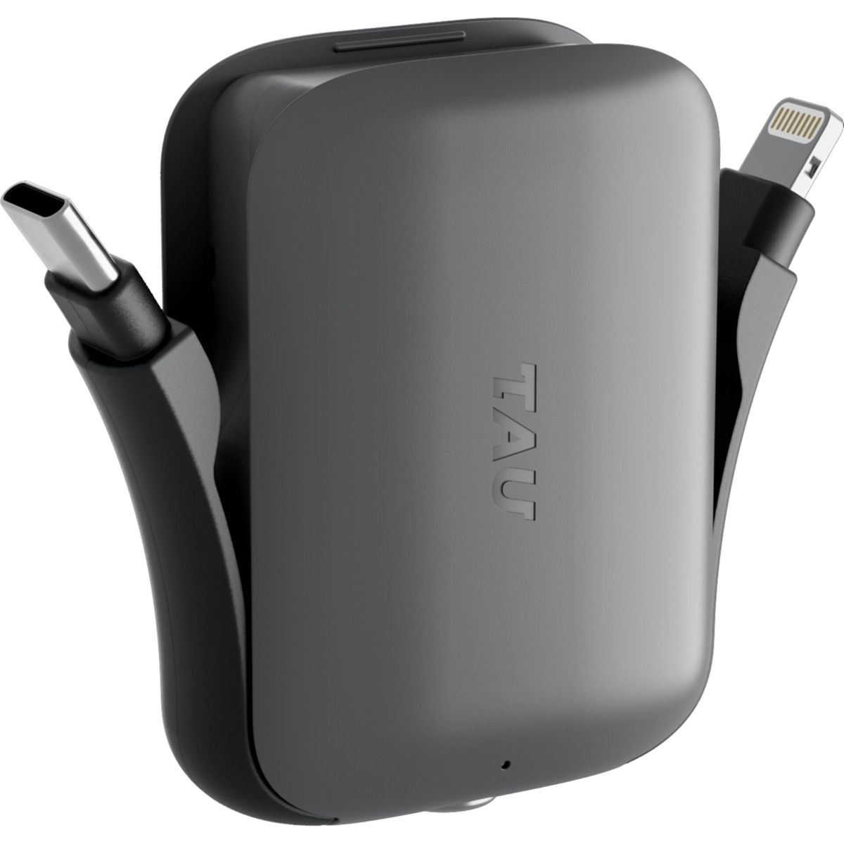 Ein dunkelgraues Tau-Ladegerät mit USB-C- und Lightning-Anschlüssen. Das Wort TAU ist auf der Vorderseite des Ladegeräts aufgedruckt.