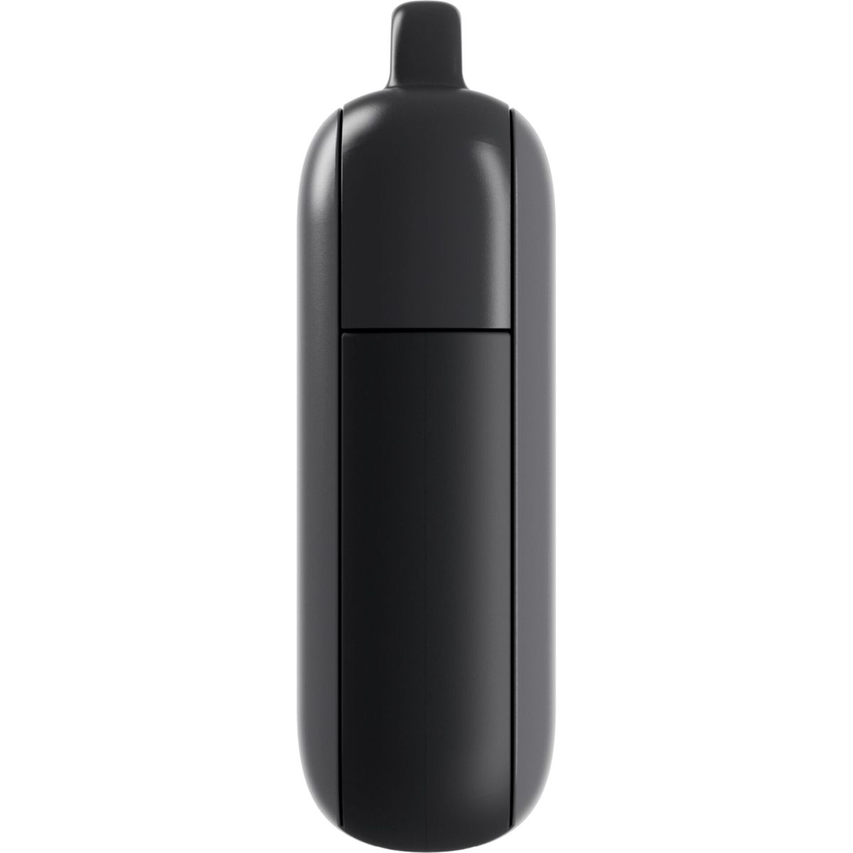 Ein schwarzes, kapselförmiges Gerät. Es hat einen kleinen, erhöhten Knopf oben und ein segmentiertes Design auf der Vorderseite. Der Hintergrund ist weiß.