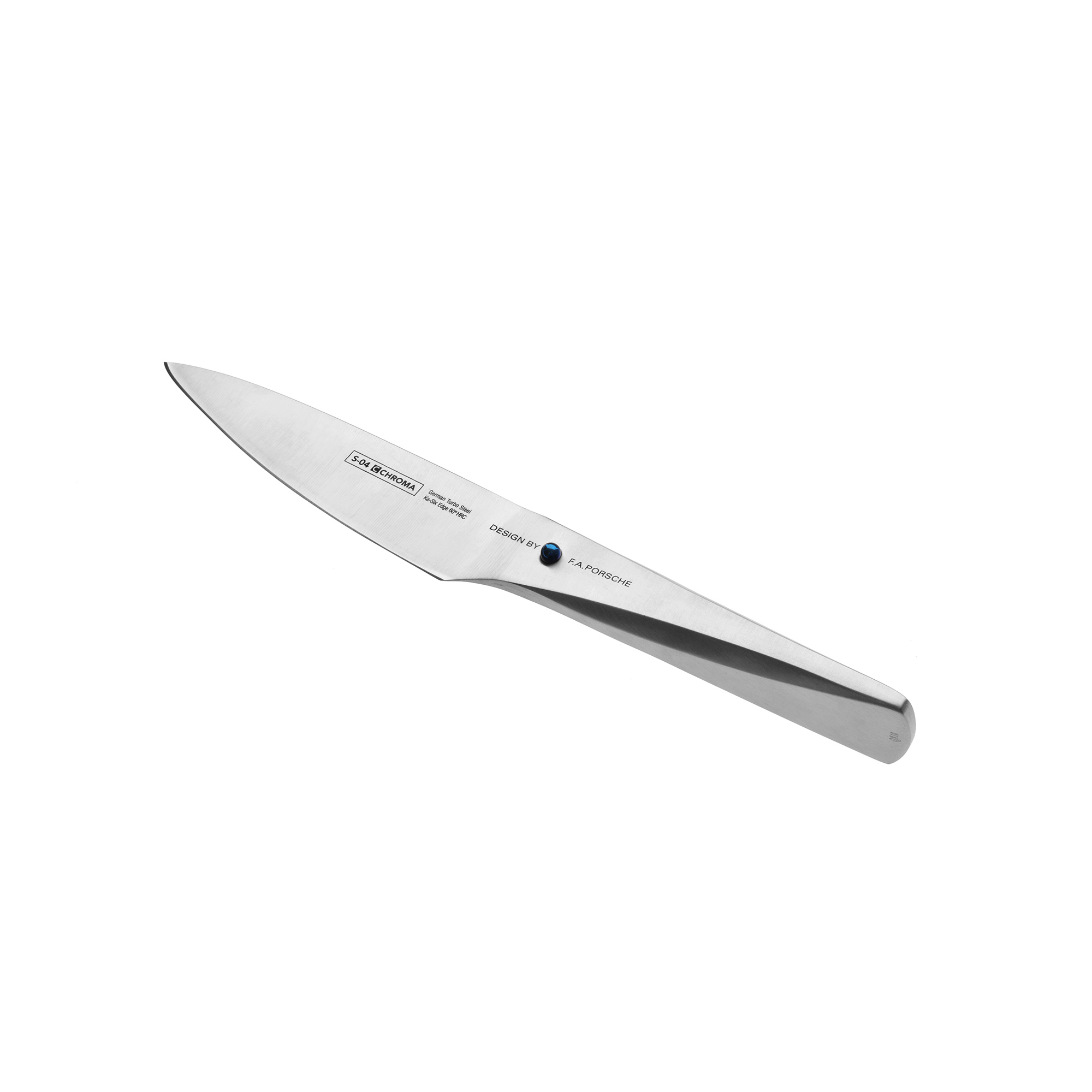 Ein Edelstahlmesser mit scharfer Klinge, entworfen von F.A. Porsche. Es hat einen blauen Knopf und Text auf der Klinge.