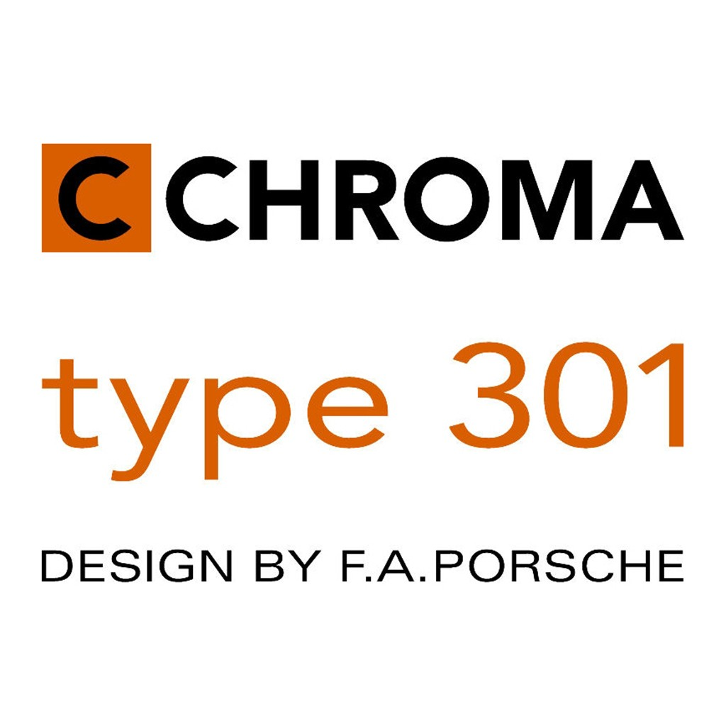 Das Bild zeigt das Wort „CHROMA“ mit einem quadratischen orangefarbenen „C“. Darunter steht „type 301“ in Orange. Unten steht „DESIGN BY F.A. PORSCHE“.